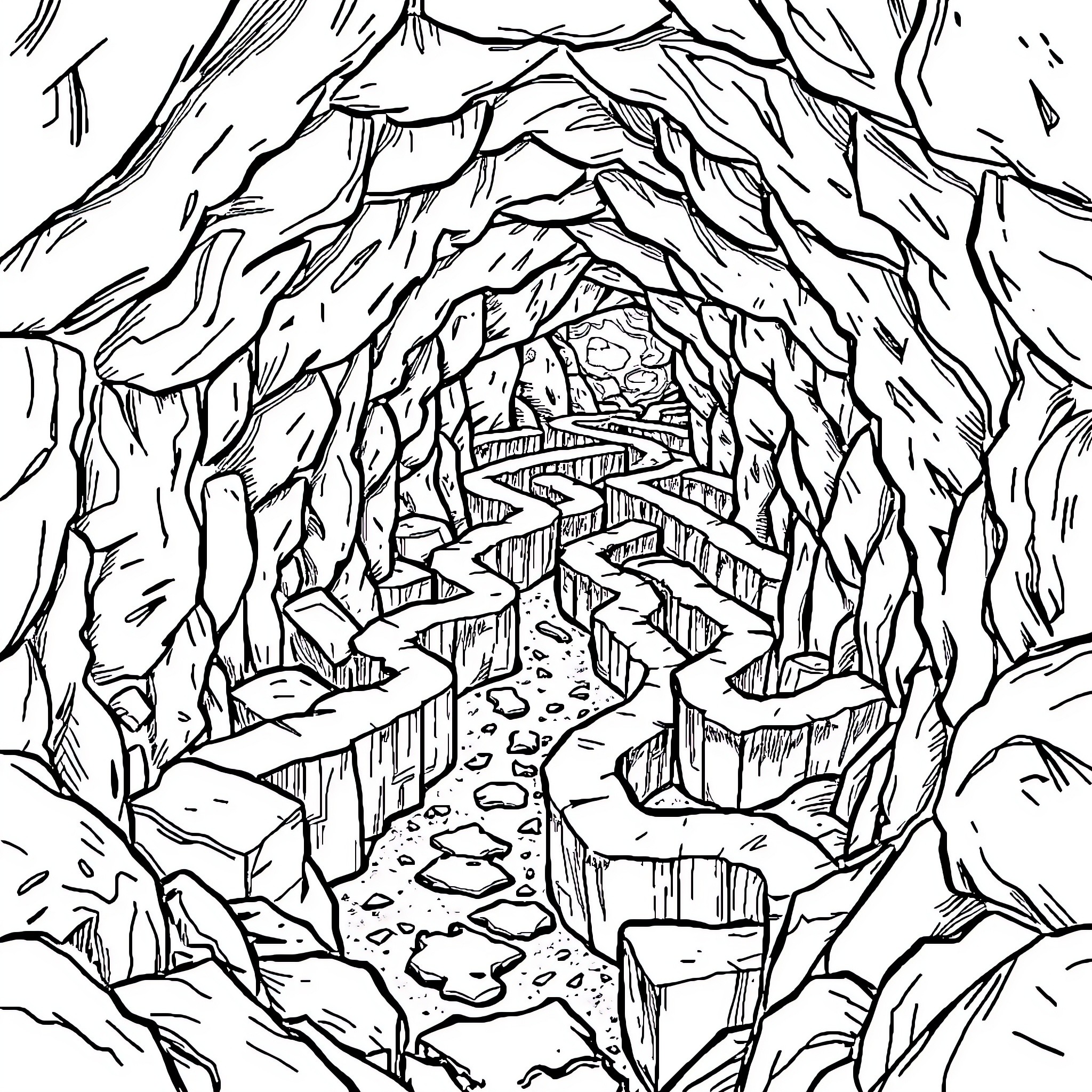 Maze through a mysterious cave Coloring Page (free black-and-white line drawing printable PDF for all, from beginners to advanced learners, including children, teens, adults, and seniors)