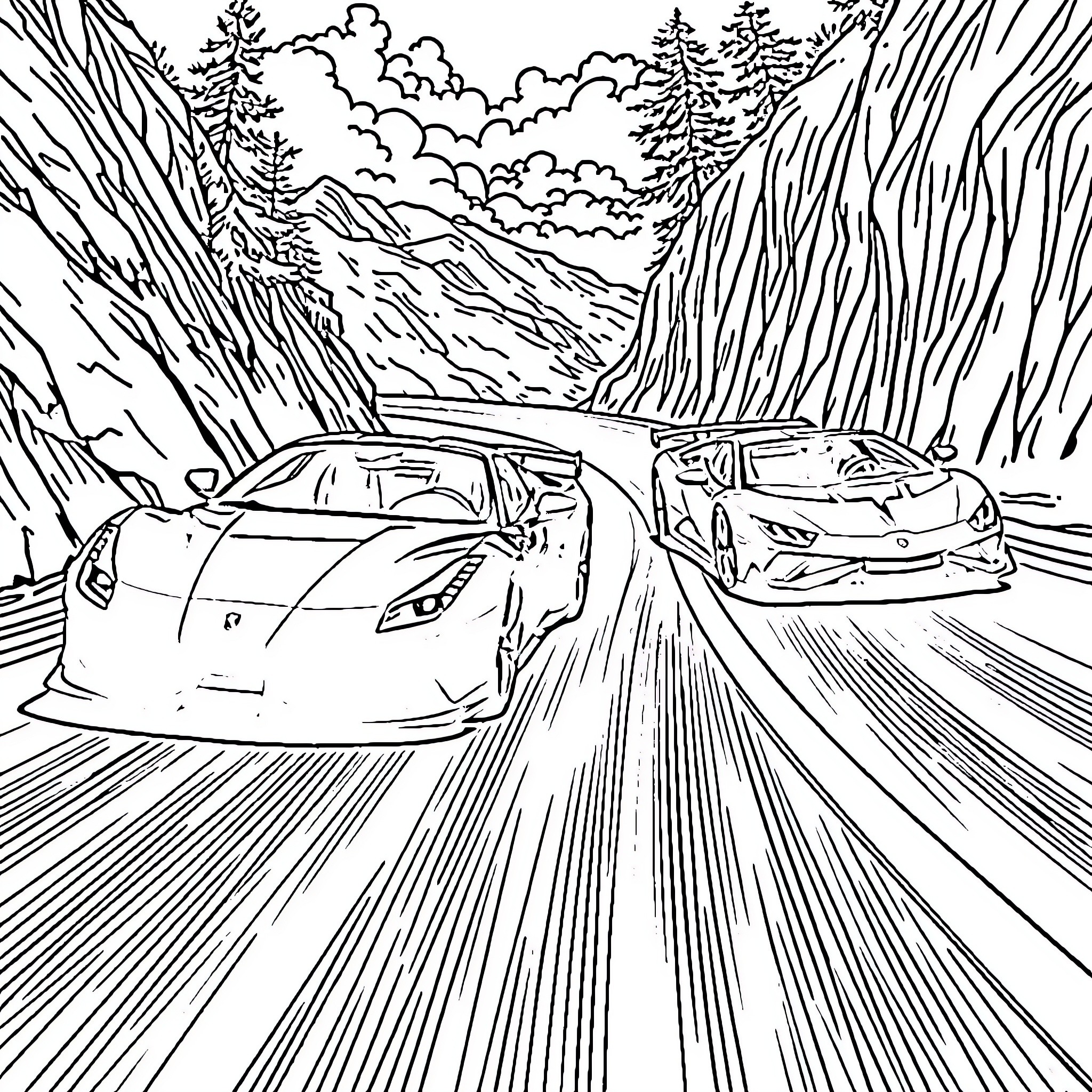 Cars speeding through winding mountain road Coloring Page (free black-and-white line drawing printable PDF for all, from beginners to advanced learners, including children, teens, adults, and seniors)