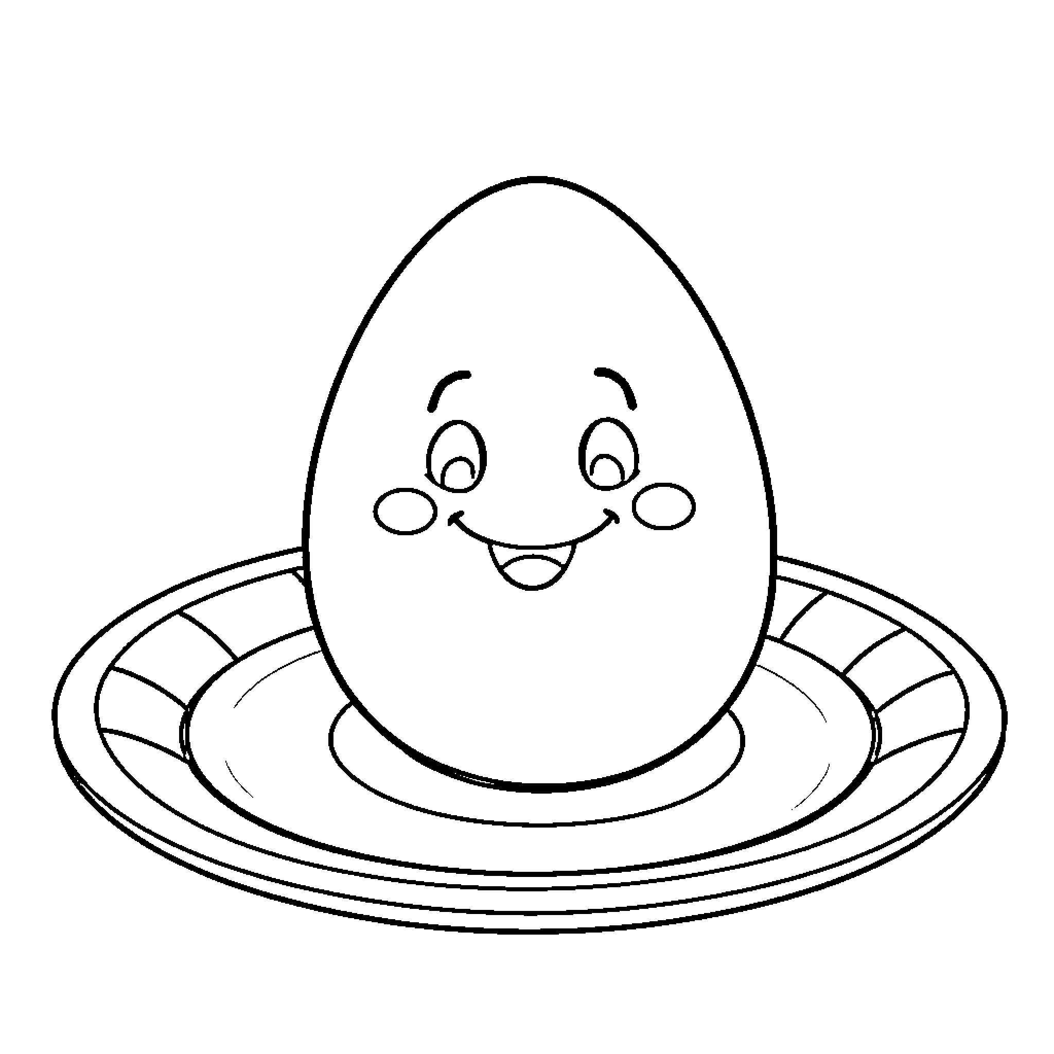 Egg sitting happily on plate Coloring Page (free black-and-white line drawing printable PDF for all, from beginners to advanced learners, including children, teens, adults, and seniors)
