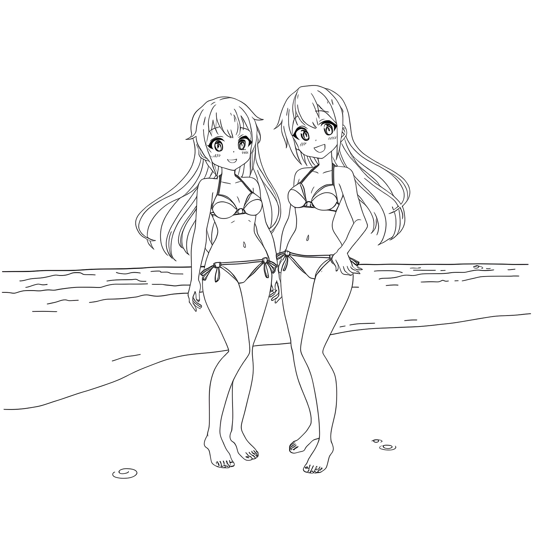 Anime Characters in Bikinis Enjoying Beach Coloring Page (free black-and-white line drawing printable PDF for all, from beginners to advanced learners, including children, teens, adults, and seniors)