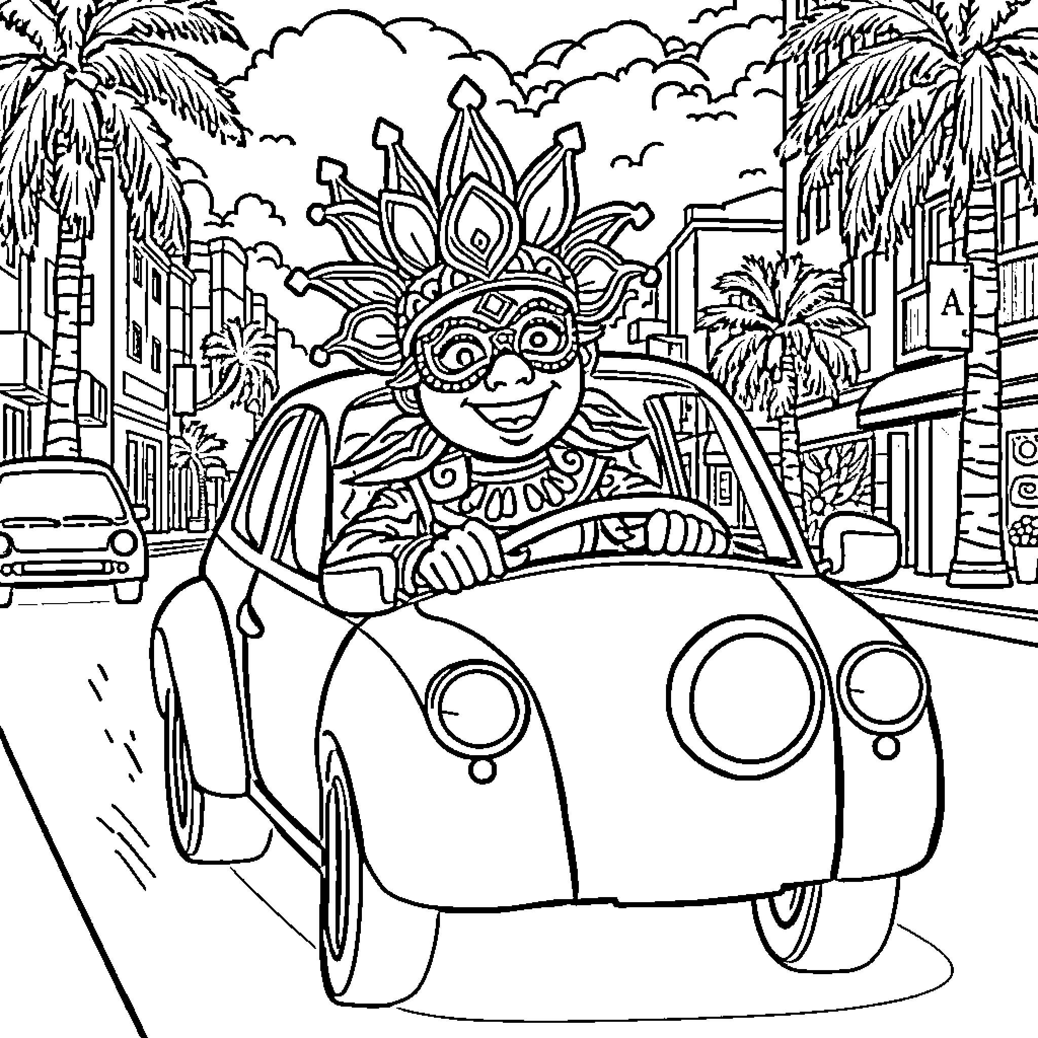 Vejigante driving colorful car in festival procession Coloring Page (free black-and-white line drawing printable PDF for all, from beginners to advanced learners, including children, teens, adults, and seniors)