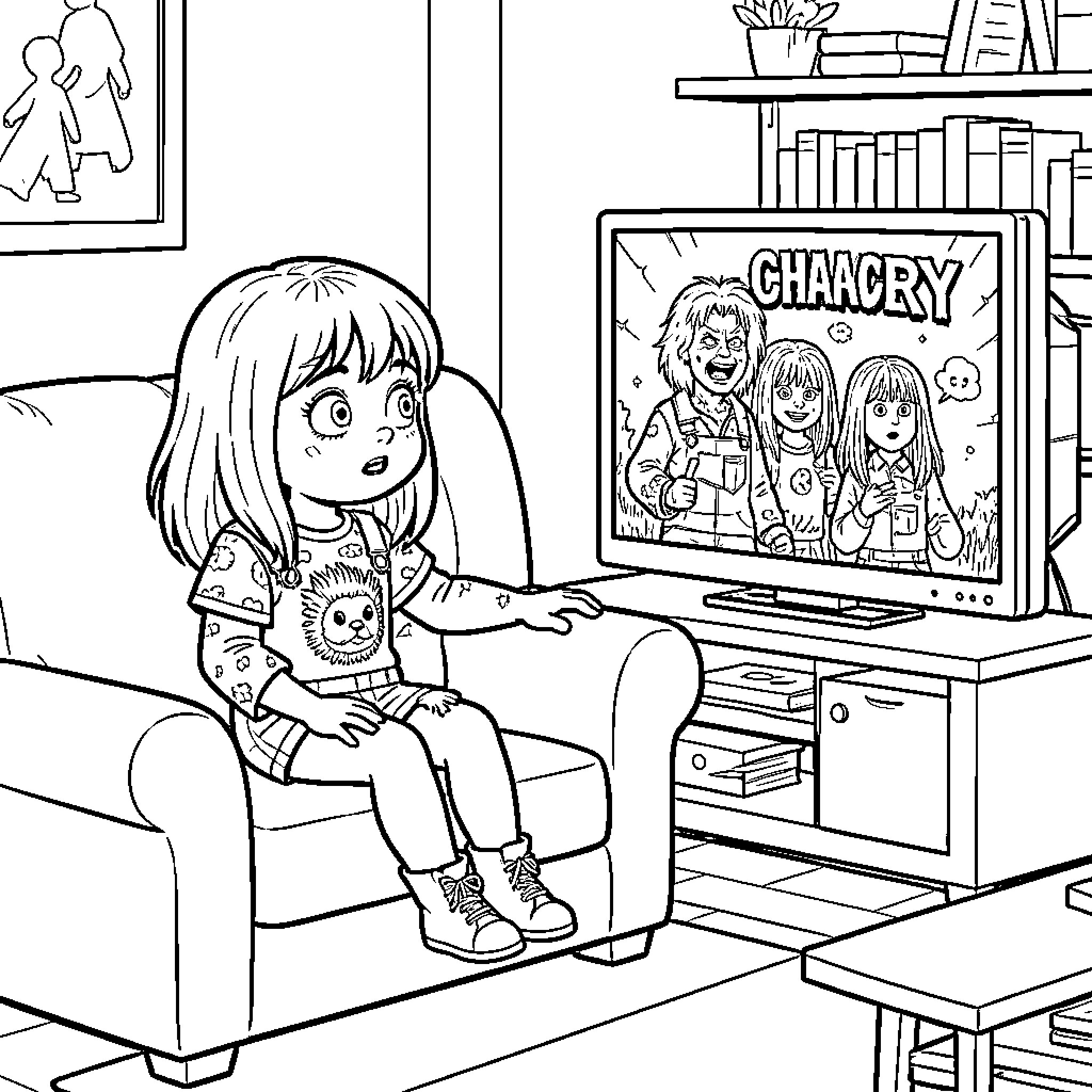 Nina enjoying a cartoon show on television Coloring Page (free black-and-white line drawing printable PDF for all, from beginners to advanced learners, including children, teens, adults, and seniors)