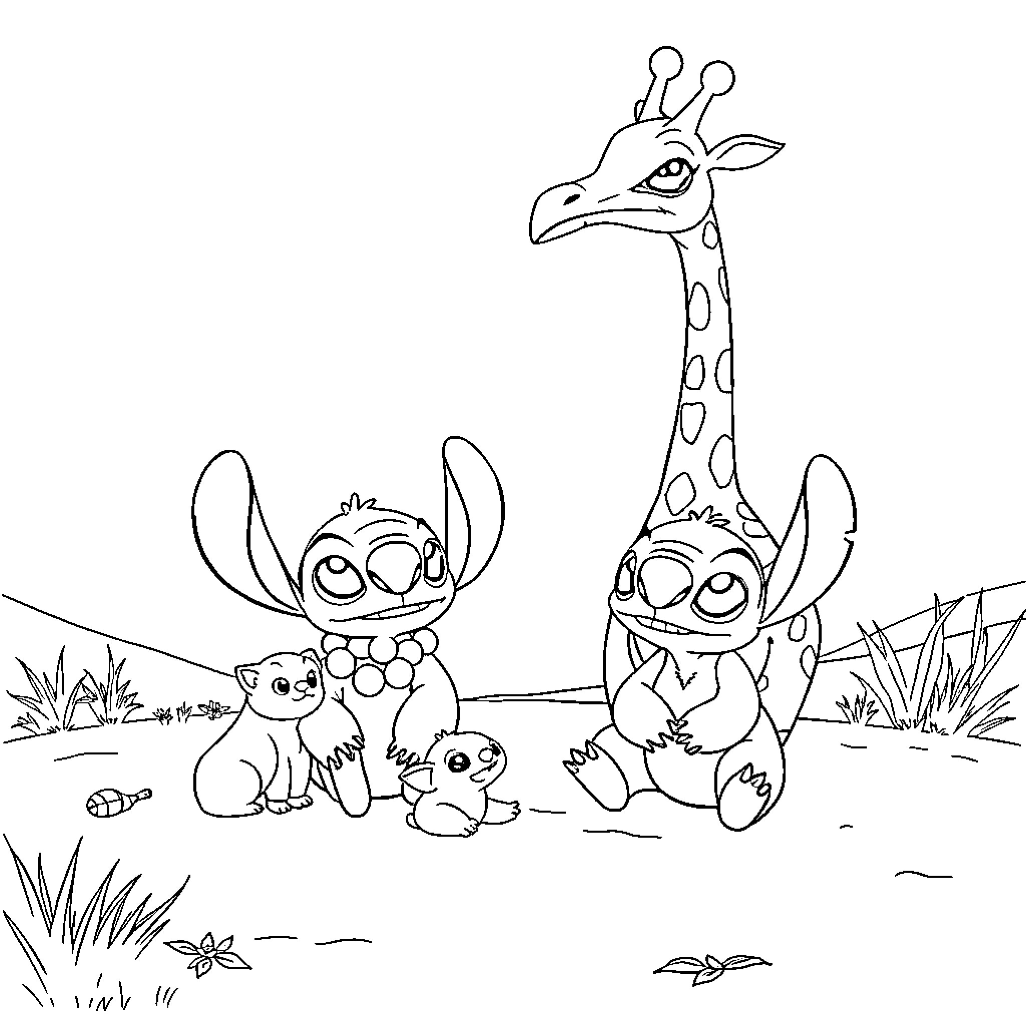 Lilo's Playful Adventure with Stitch and Friends Coloring Page (free black-and-white line drawing printable PDF for all, from beginners to advanced learners, including children, teens, adults, and seniors)