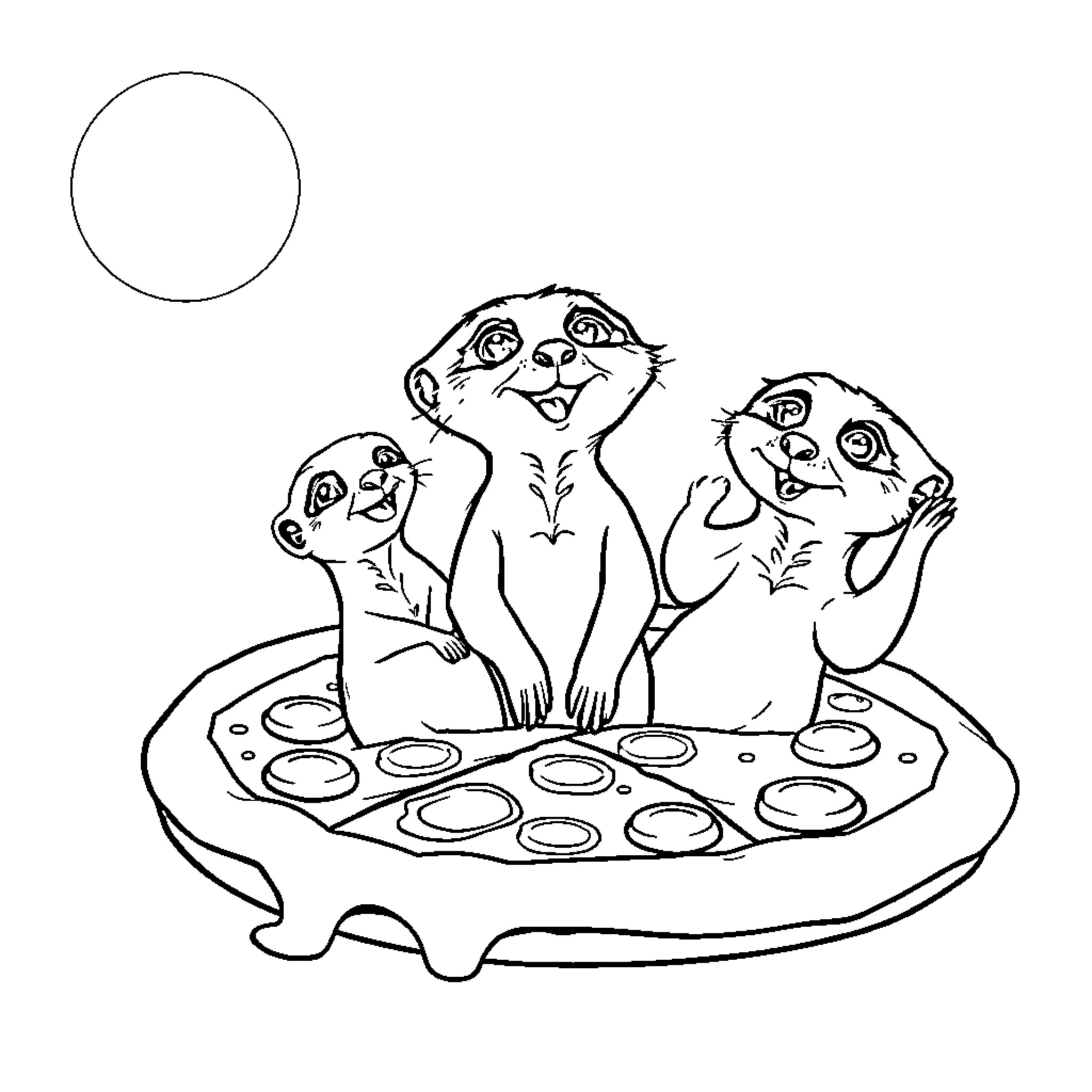 Meerkats enjoying a relaxing day in the sun Coloring Page (free black-and-white line drawing printable PDF for all, from beginners to advanced learners, including children, teens, adults, and seniors)