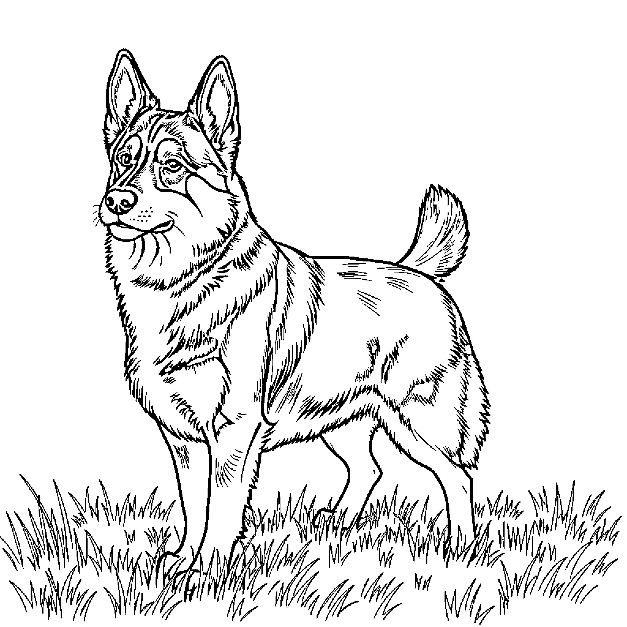 Swedish Vallhund standing alert in grassy field Coloring Page (free black-and-white line drawing printable PDF for all, from beginners to advanced learners, including children, teens, adults, and seniors)