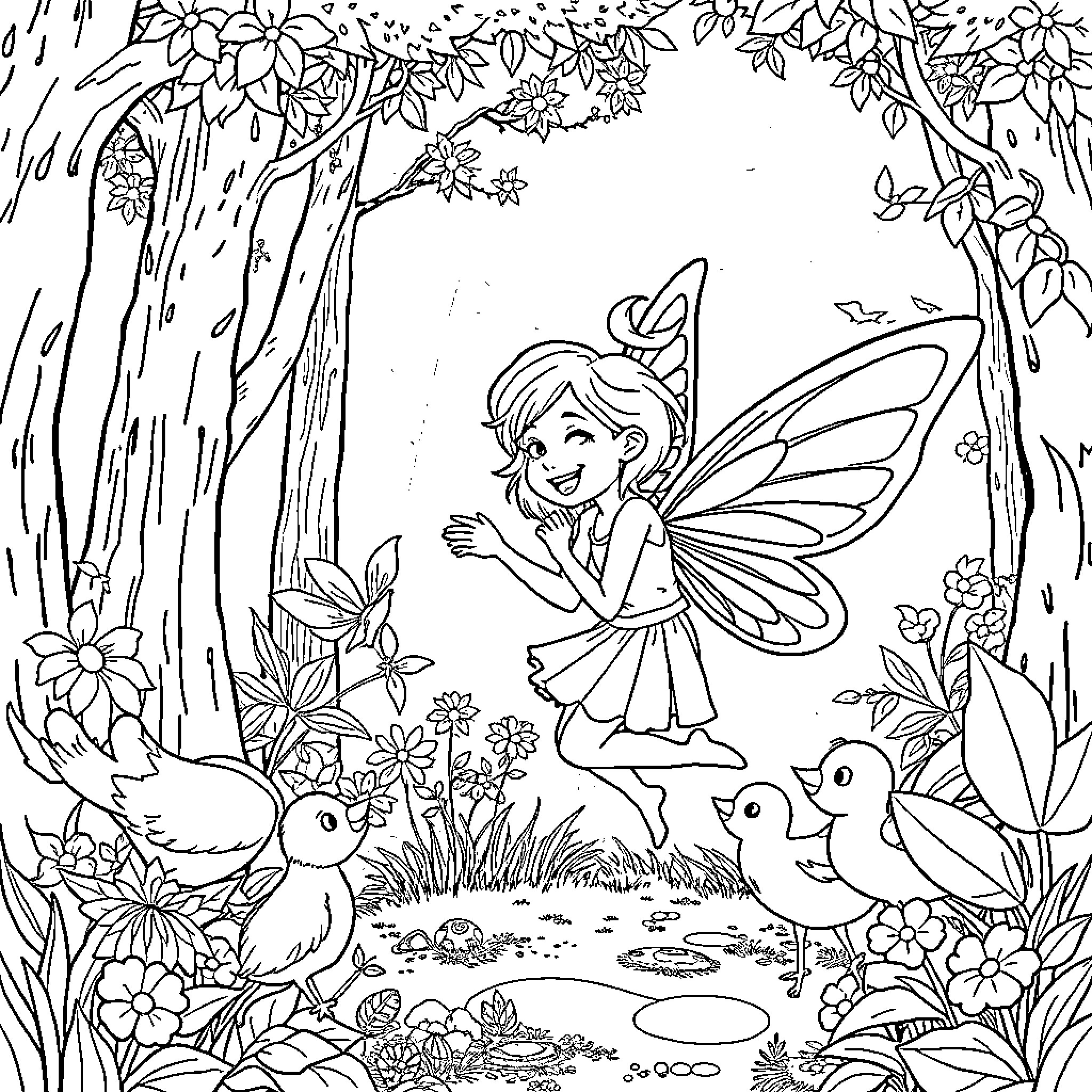 Fairy playing with birds and flowers in the forest Coloring Page (free black-and-white line drawing printable PDF for all, from beginners to advanced learners, including children, teens, adults, and seniors)
