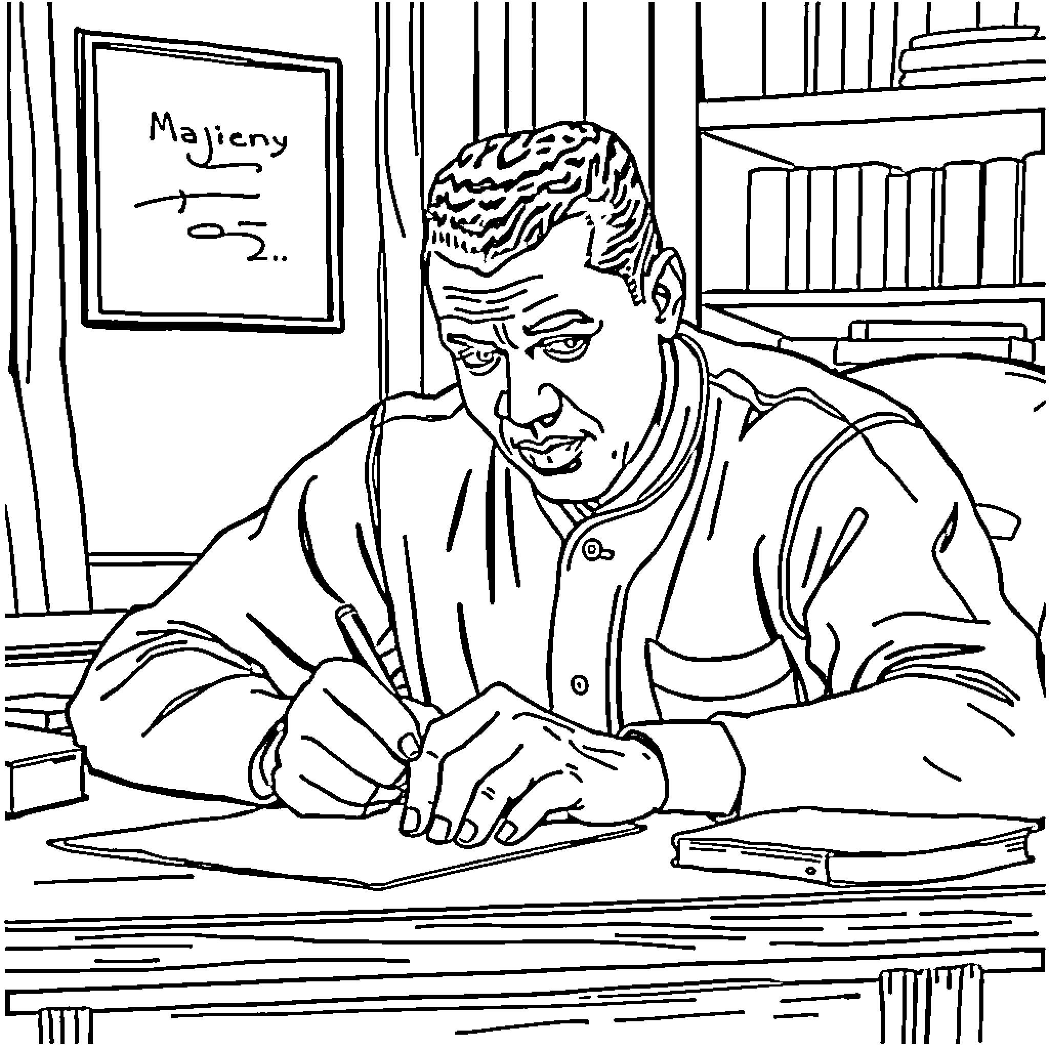 Jackie Robinson Signing Autographs in His Office Coloring Page (free black-and-white line drawing printable PDF for all, from beginners to advanced learners, including children, teens, adults, and seniors)