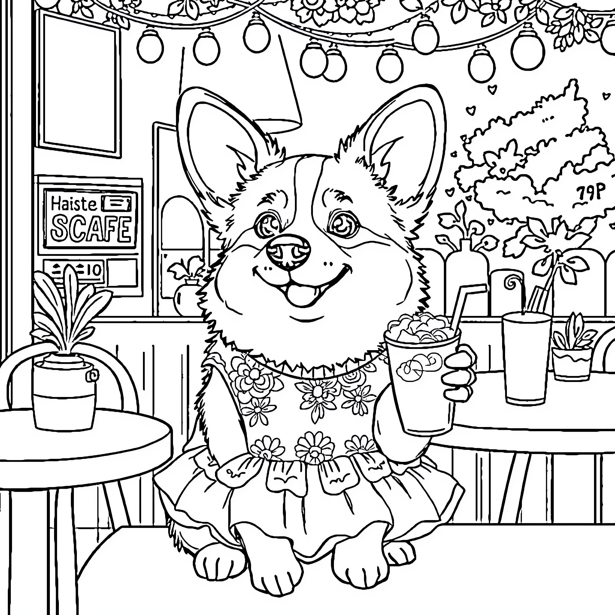 Corgi enjoying a cozy cafe scene Coloring Page (free black-and-white line drawing printable PDF for all, from beginners to advanced learners, including children, teens, adults, and seniors)