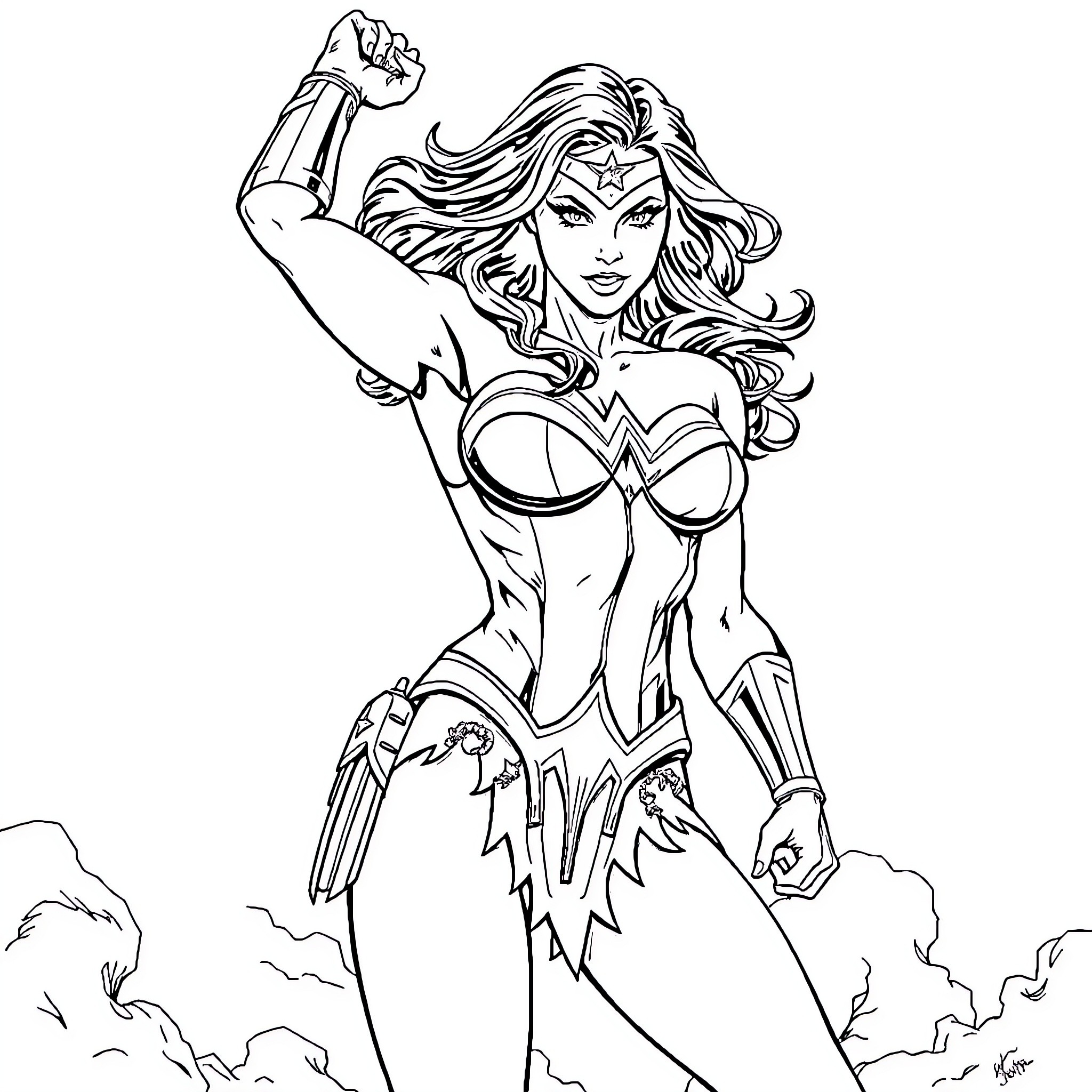 Wonder Woman in heroic action pose Coloring Page (free black-and-white line drawing printable PDF for all, from beginners to advanced learners, including children, teens, adults, and seniors)