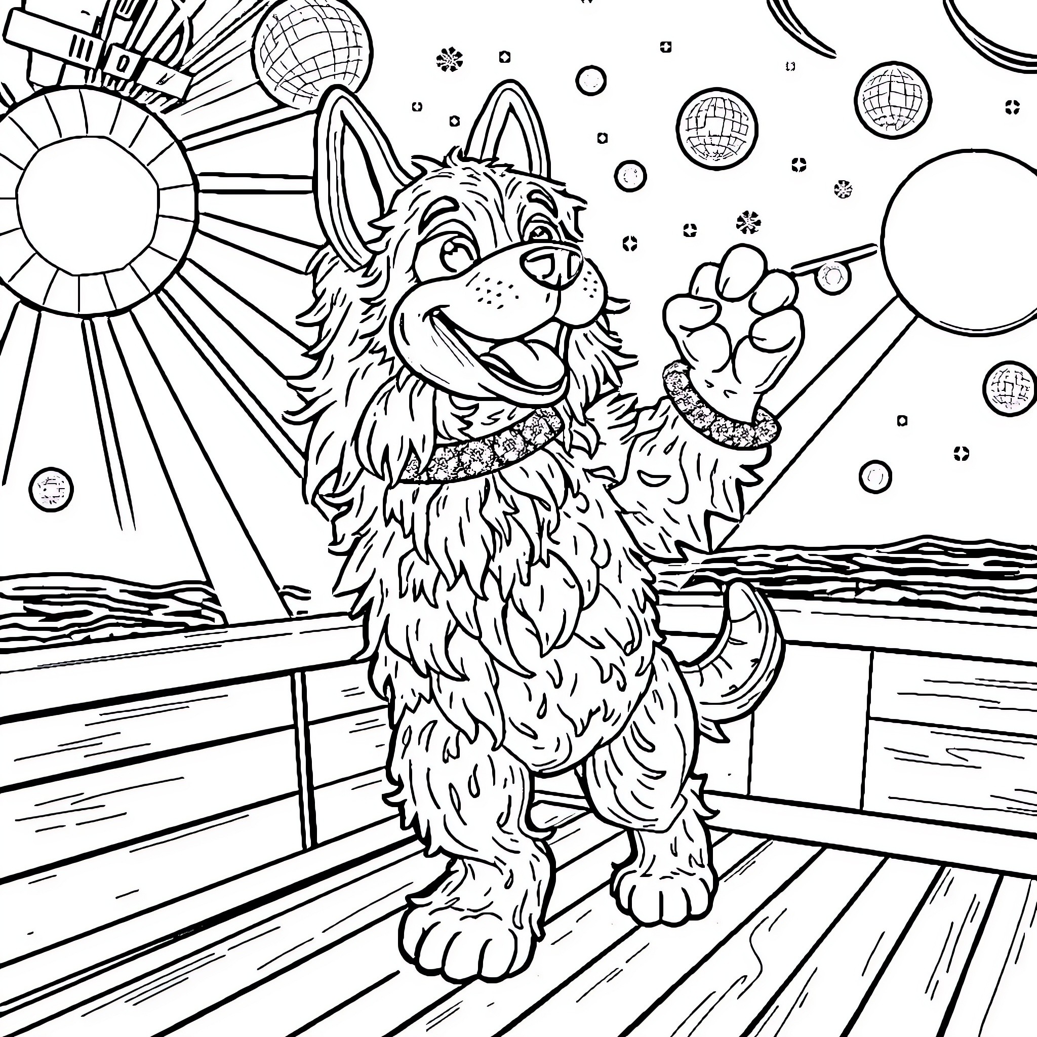 Balloon Dog Paw-some Cosmic Adventure Coloring Page (free black-and-white line drawing printable PDF for all, from beginners to advanced learners, including children, teens, adults, and seniors)