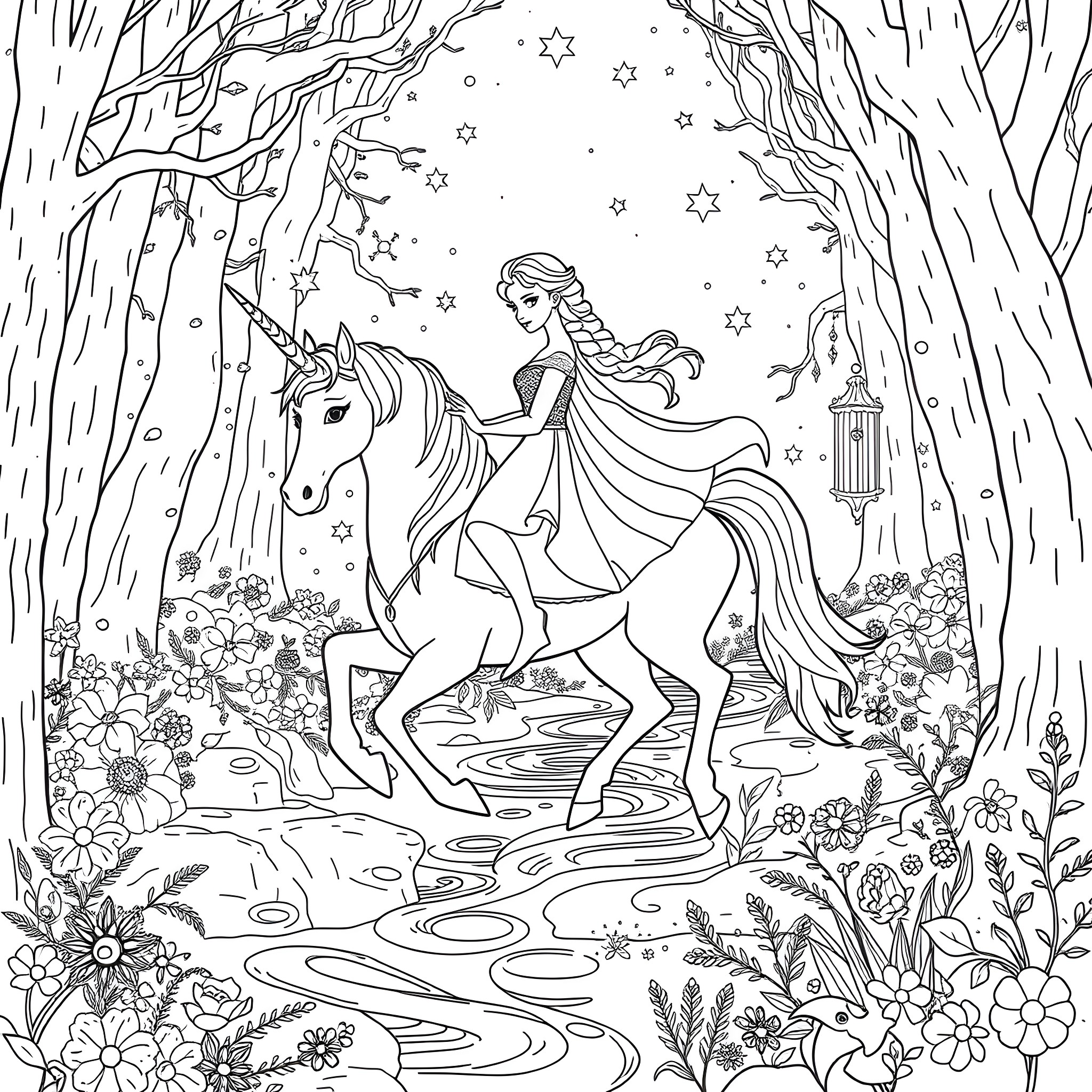 Elsa's Enchanted Unicorn Adventure Coloring Page (free black-and-white line drawing printable PDF for all, from beginners to advanced learners, including children, teens, adults, and seniors)