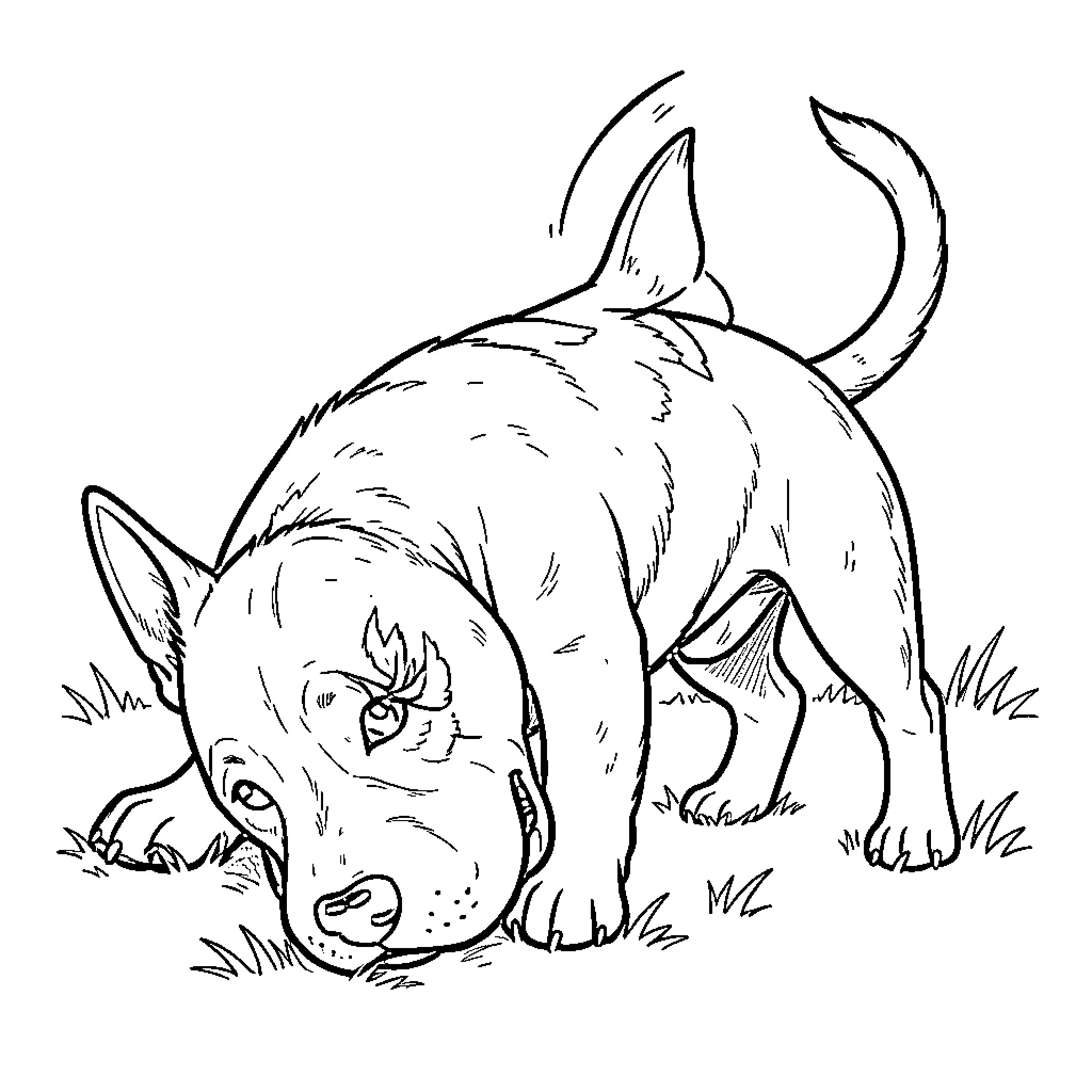 Bull Terrier exploring the outdoors Coloring Page (free black-and-white line drawing printable PDF for all, from beginners to advanced learners, including children, teens, adults, and seniors)