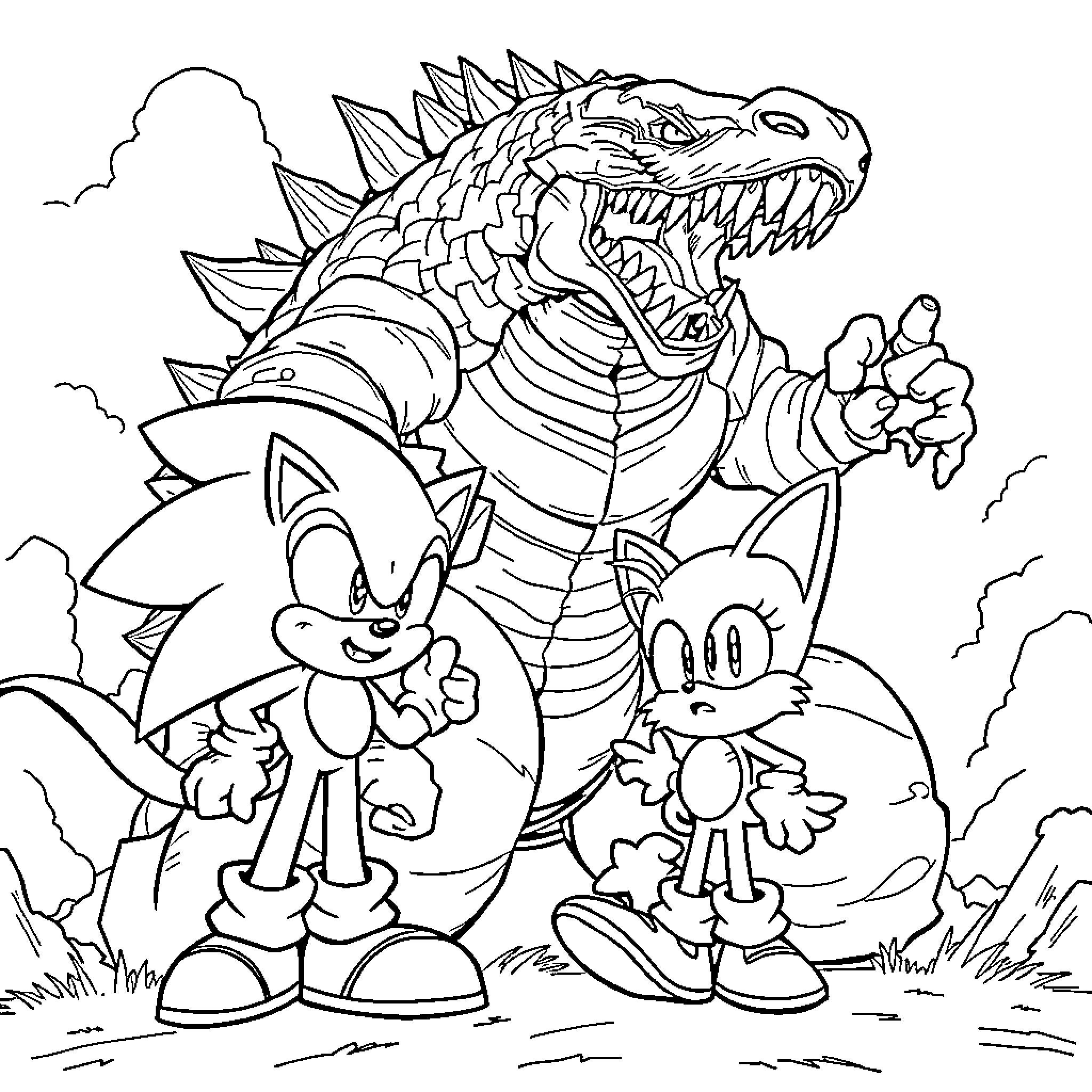 Sonic and Friends Facing Fearsome Dragon Coloring Page (free black-and-white line drawing printable PDF for all, from beginners to advanced learners, including children, teens, adults, and seniors)