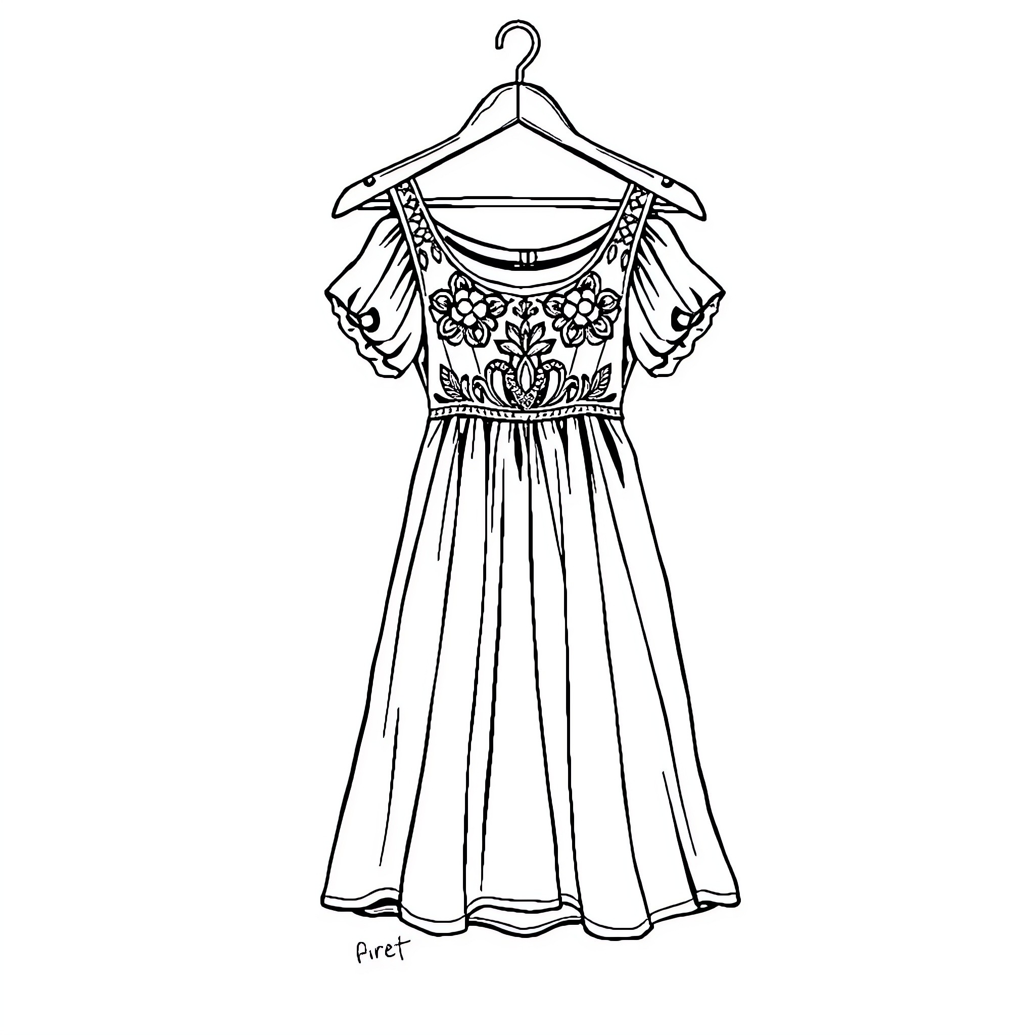 Dress with Floral Embroidered Details on Hanger Coloring Page (free black-and-white line drawing printable PDF for all, from beginners to advanced learners, including children, teens, adults, and seniors)