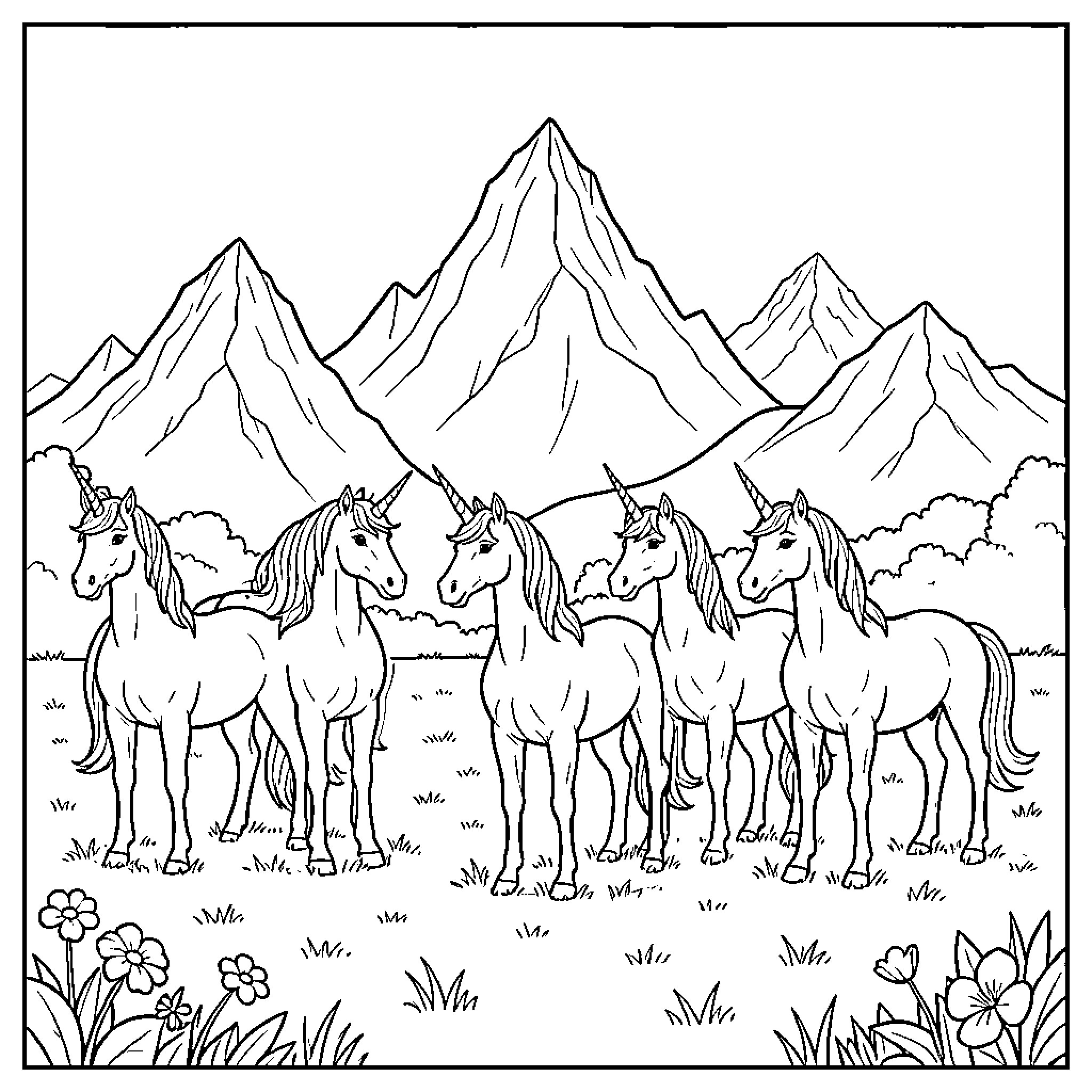 Unicorns grazing peacefully in a serene mountain landscape Coloring Page (free black-and-white line drawing printable PDF for all, from beginners to advanced learners, including children, teens, adults, and seniors)