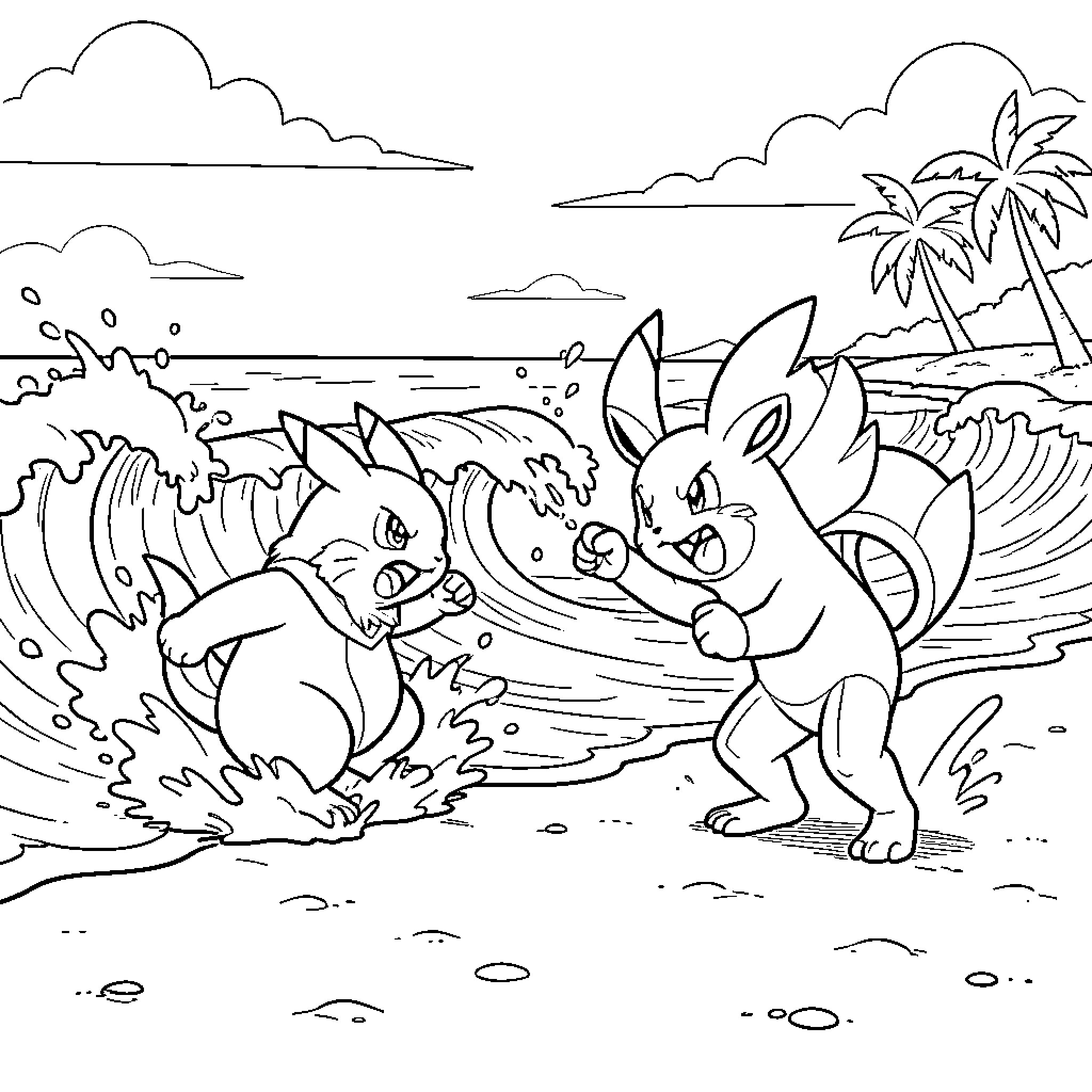 Pokémon battling intensely on a tropical beach Coloring Page (free black-and-white line drawing printable PDF for all, from beginners to advanced learners, including children, teens, adults, and seniors)