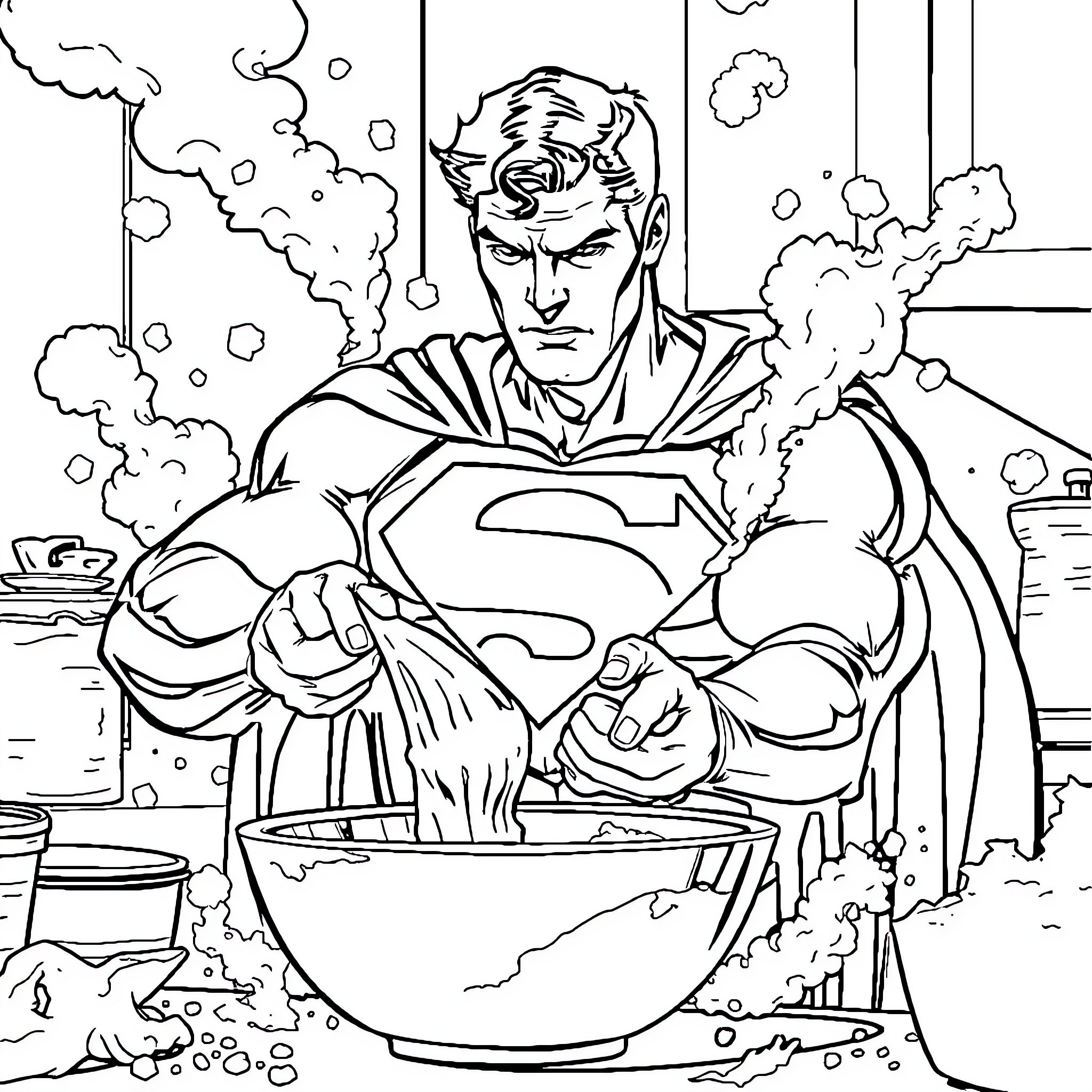 Superman battling a powerful foe in an intense confrontation Coloring Page (free black-and-white line drawing printable PDF for all, from beginners to advanced learners, including children, teens, adults, and seniors)