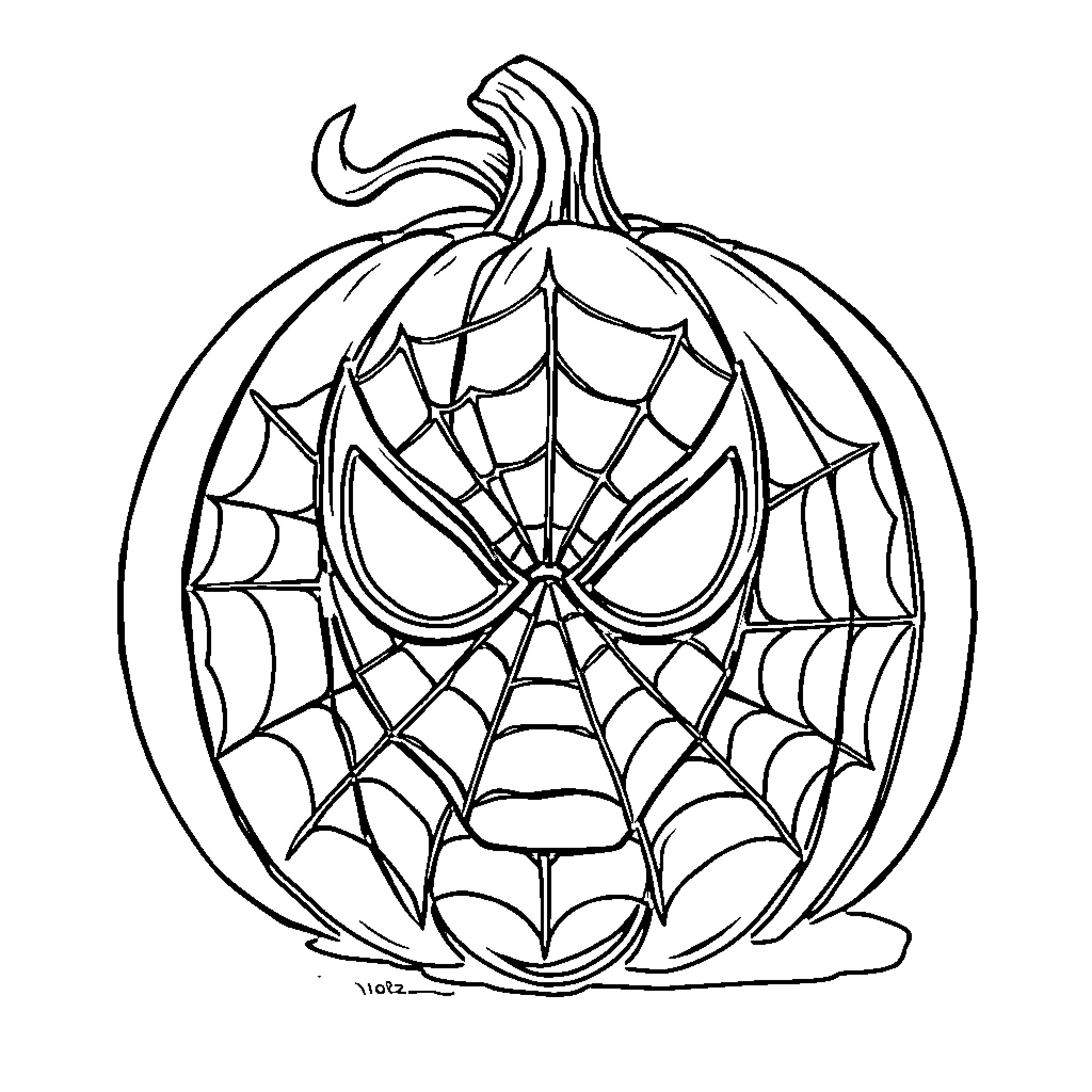 Spiderman pumpkin with web design Coloring Page (free black-and-white line drawing printable PDF for all, from beginners to advanced learners, including children, teens, adults, and seniors)
