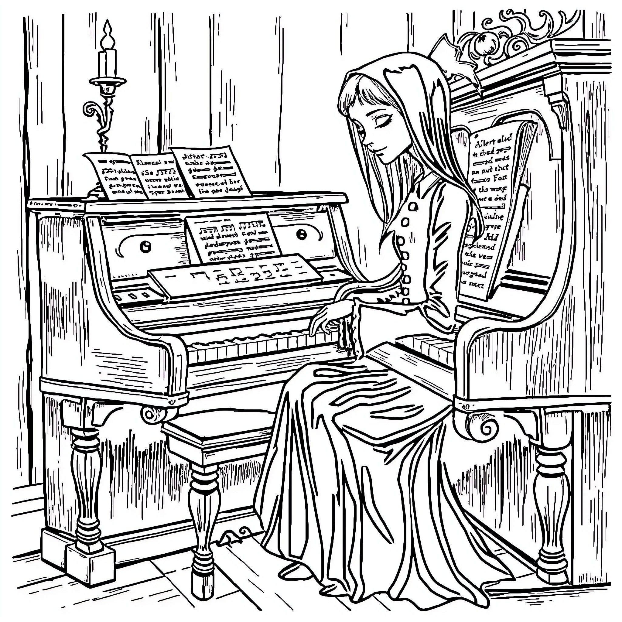 Wednesday at the Piano: A Melodic Moment Coloring Page (free black-and-white line drawing printable PDF for all, from beginners to advanced learners, including children, teens, adults, and seniors)