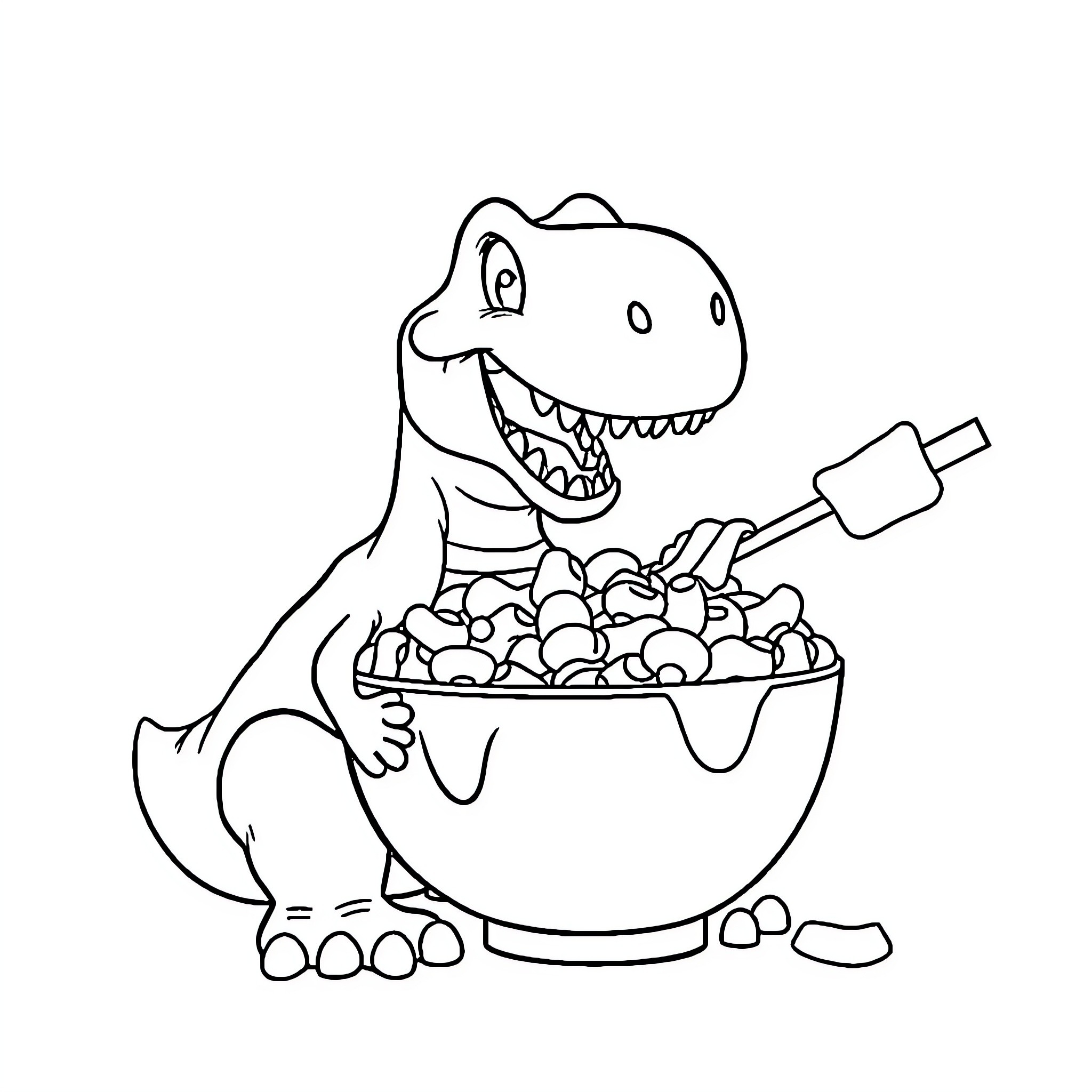 Dinosaur enjoying a bowl of snacks Coloring Page (free black-and-white line drawing printable PDF for all, from beginners to advanced learners, including children, teens, adults, and seniors)