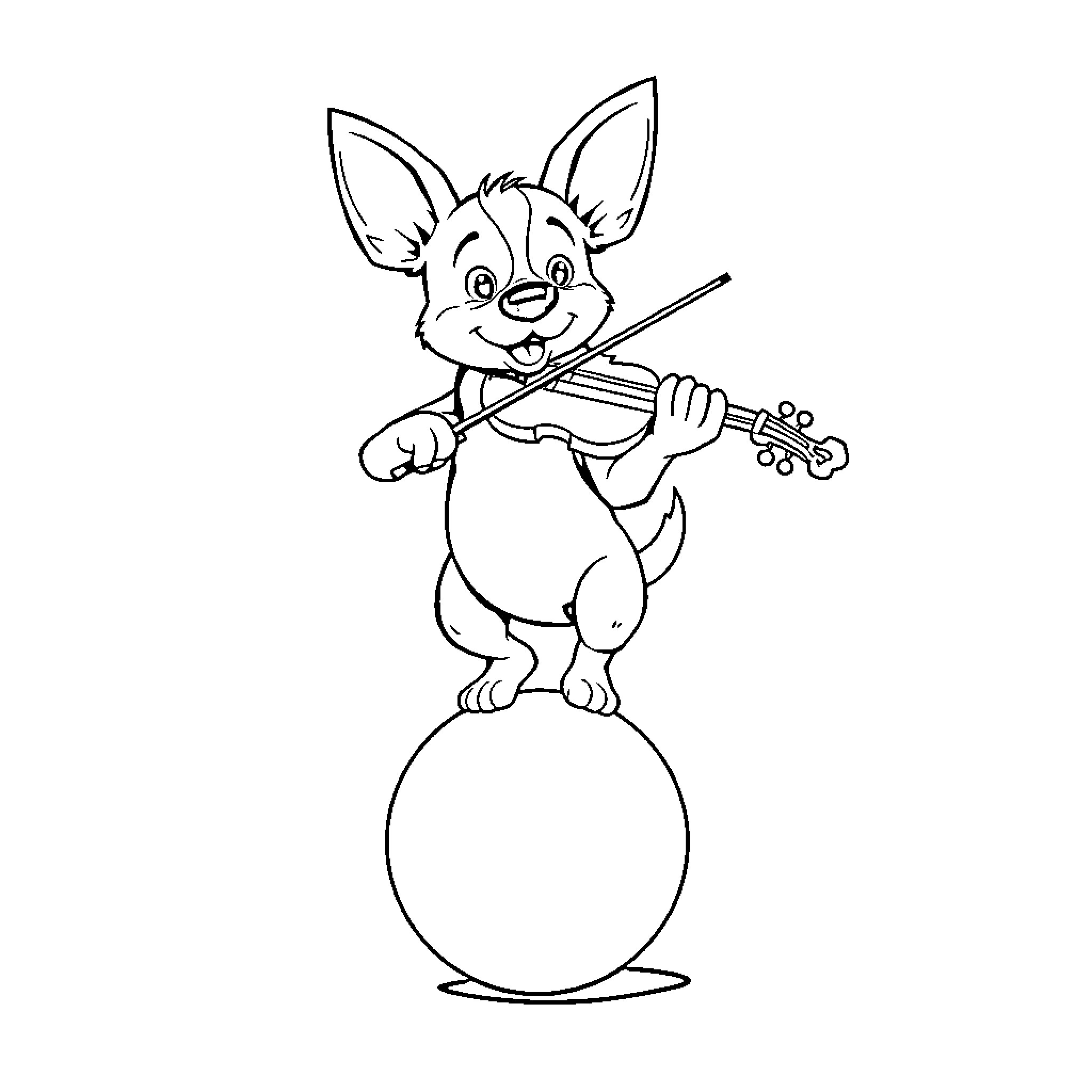 Dog playing joyfully with violin Coloring Page (free black-and-white line drawing printable PDF for all, from beginners to advanced learners, including children, teens, adults, and seniors)