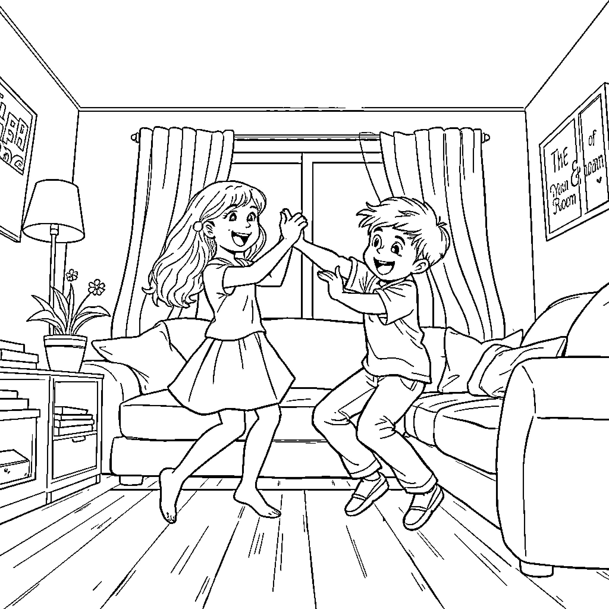 Girl and Boy Dancing Happily in Room Coloring Page (free black-and-white line drawing printable PDF for all, from beginners to advanced learners, including children, teens, adults, and seniors)