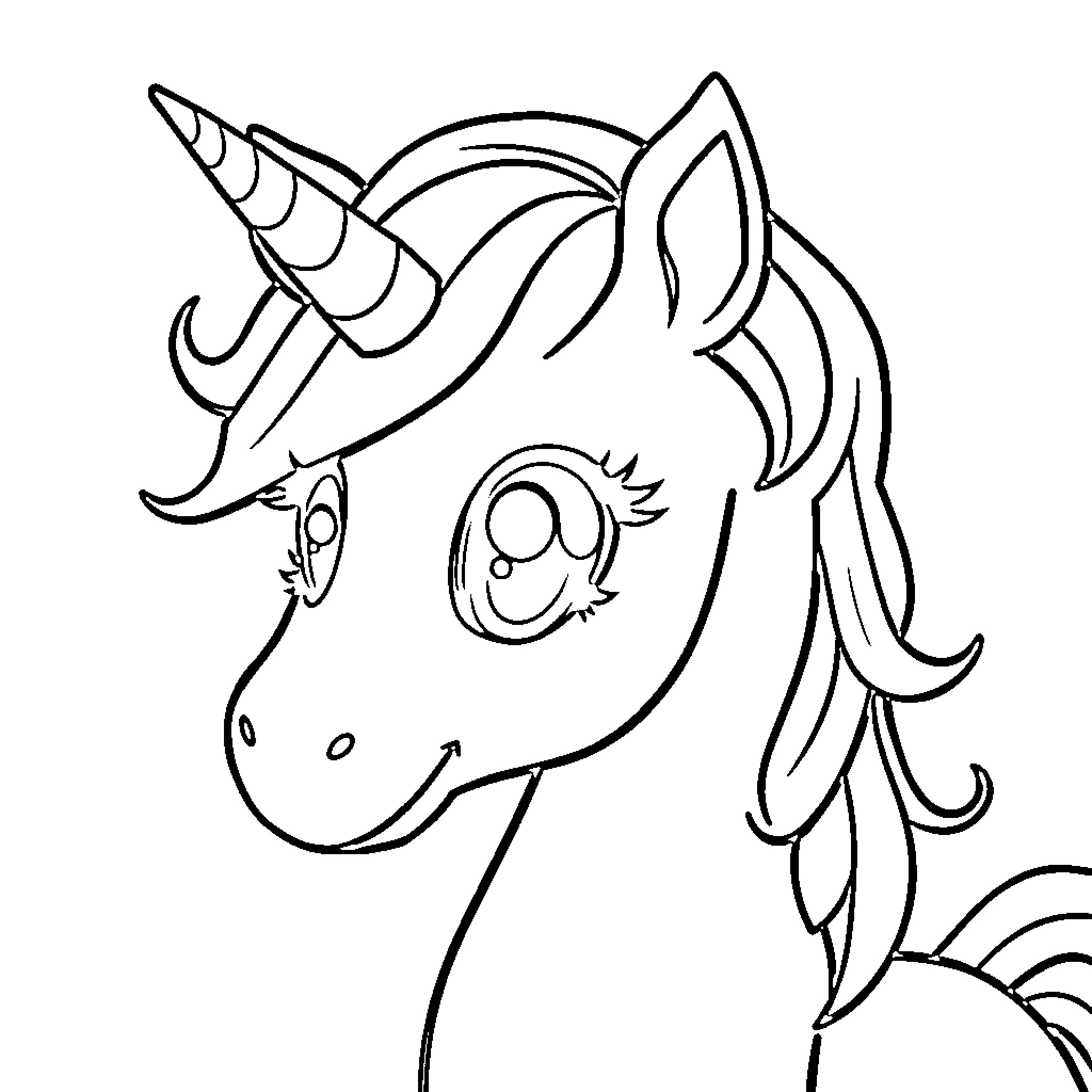 Unicorn with a Curious Expression Coloring Page (free black-and-white line drawing printable PDF for all, from beginners to advanced learners, including children, teens, adults, and seniors)