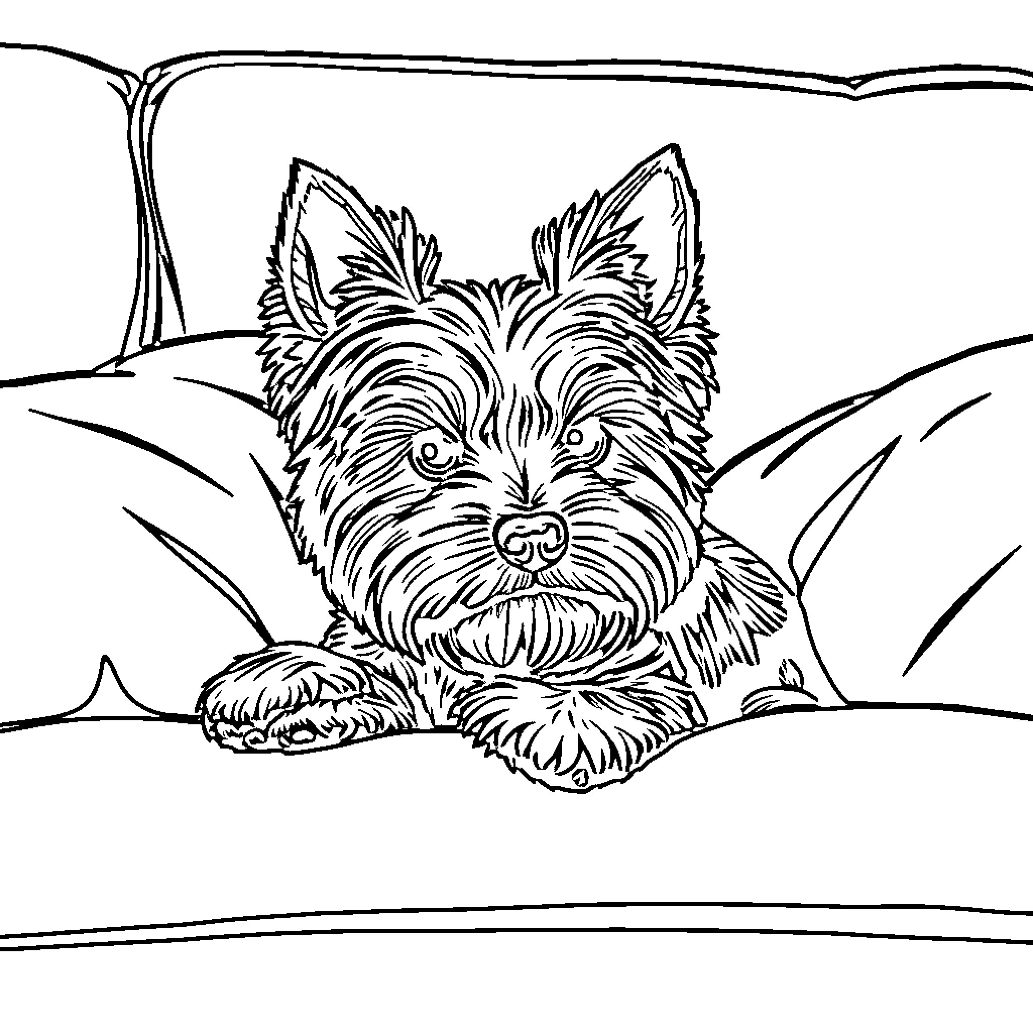 Yorkie resting peacefully in the field Coloring Page (free black-and-white line drawing printable PDF for all, from beginners to advanced learners, including children, teens, adults, and seniors)