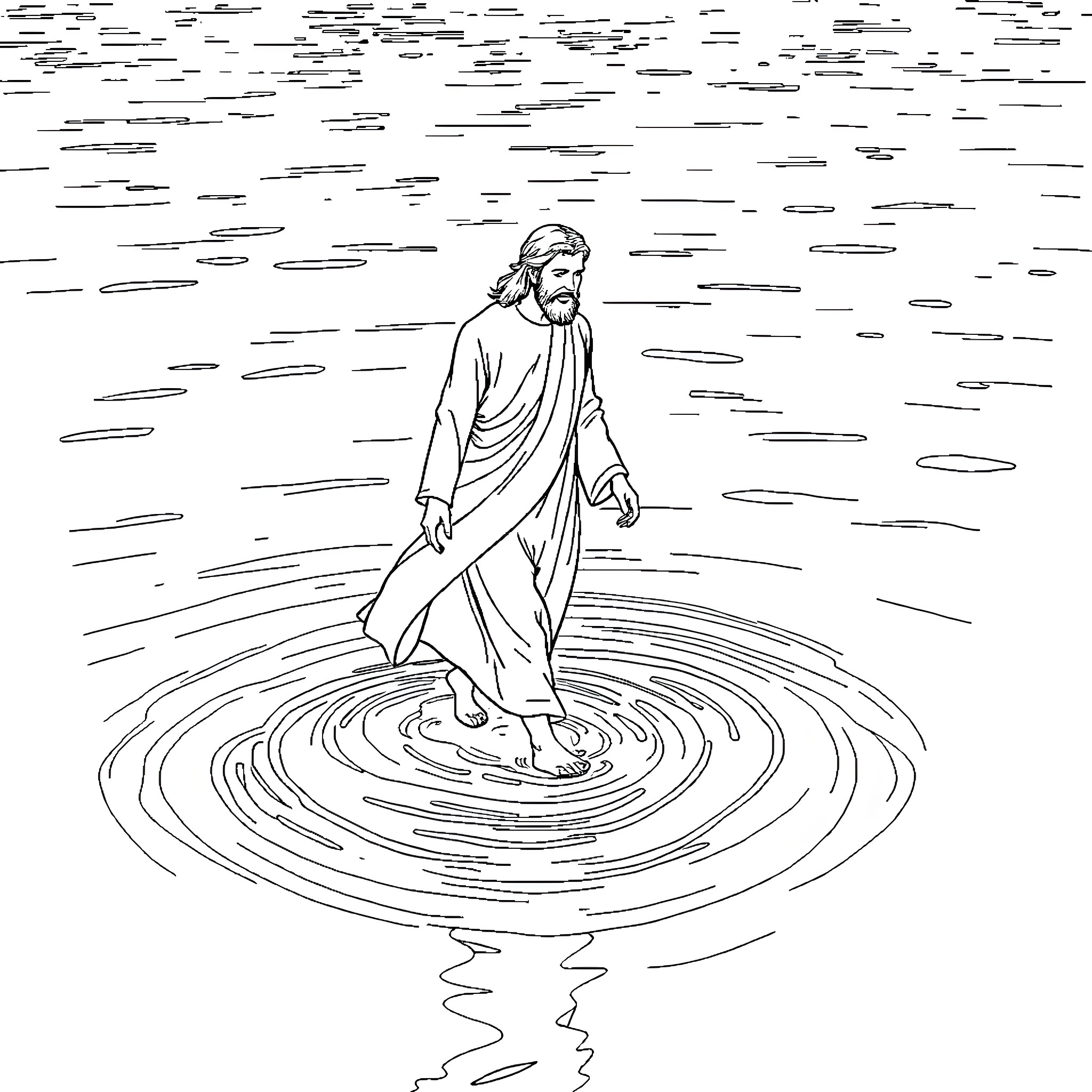 God walking on the waters Coloring Page (free black-and-white line drawing printable PDF for all, from beginners to advanced learners, including children, teens, adults, and seniors)