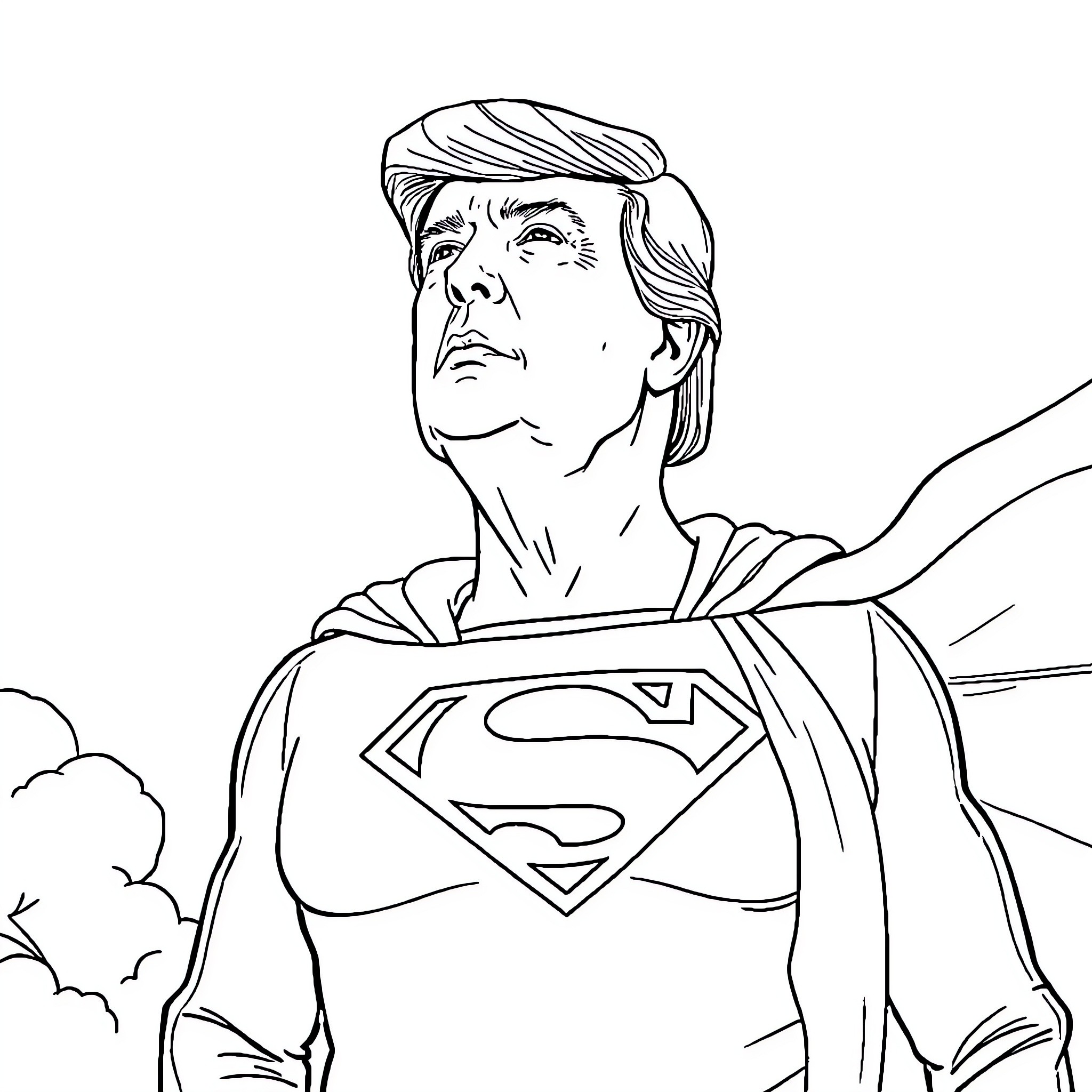 Trump as Superhero in Dramatic Pose Coloring Page (free black-and-white line drawing printable PDF for all, from beginners to advanced learners, including children, teens, adults, and seniors)