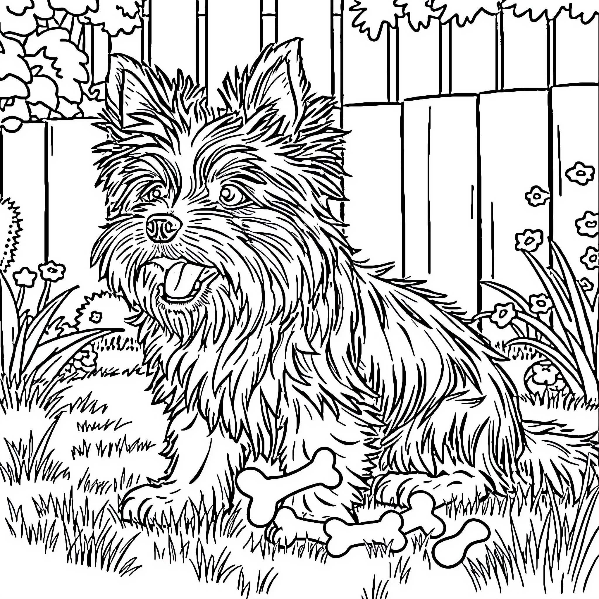 Shorkie Puppy Playing Joyfully in the Yard Coloring Page (free black-and-white line drawing printable PDF for all, from beginners to advanced learners, including children, teens, adults, and seniors)