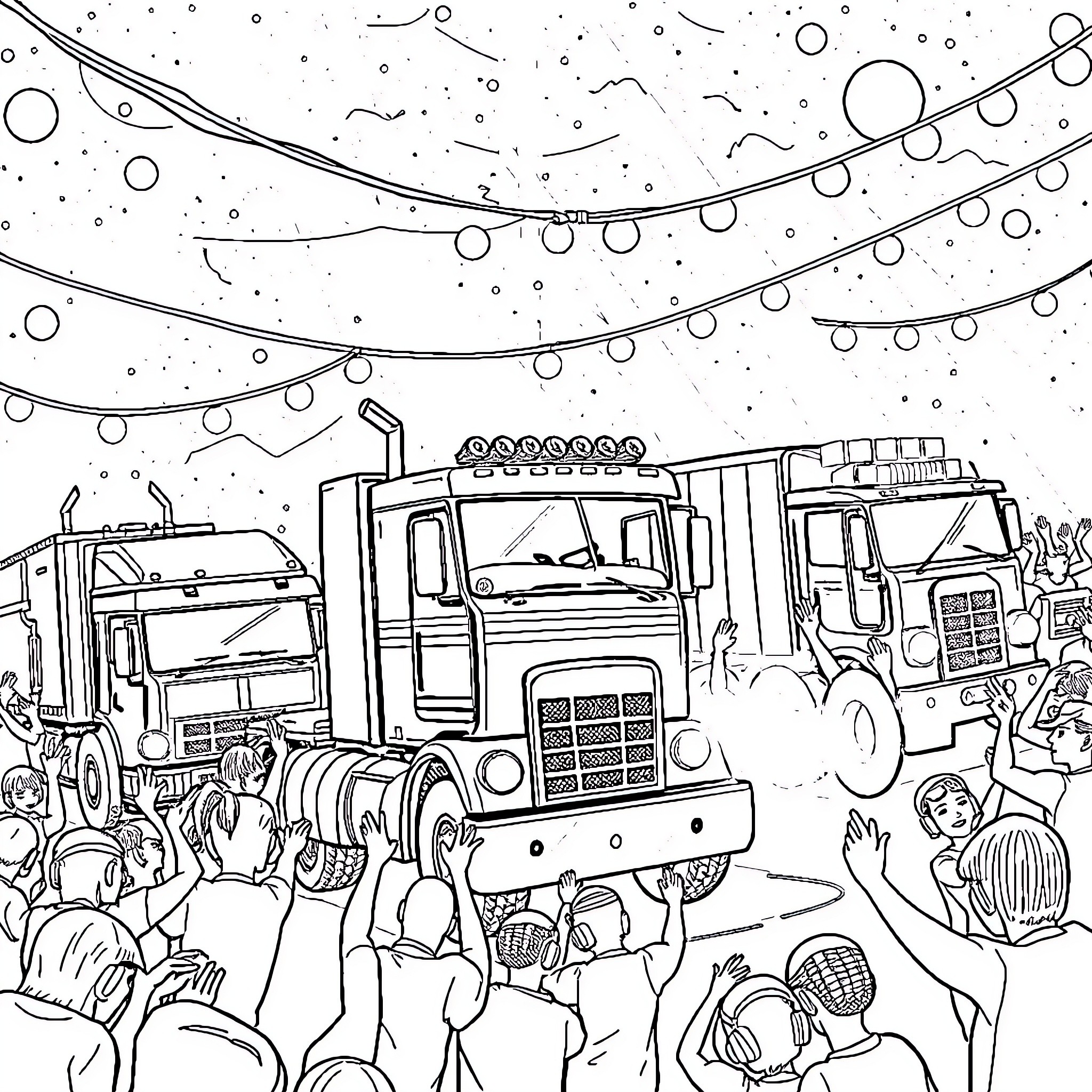 Raveparty at the Truckers' Reunion Coloring Page (free black-and-white line drawing printable PDF for all, from beginners to advanced learners, including children, teens, adults, and seniors)