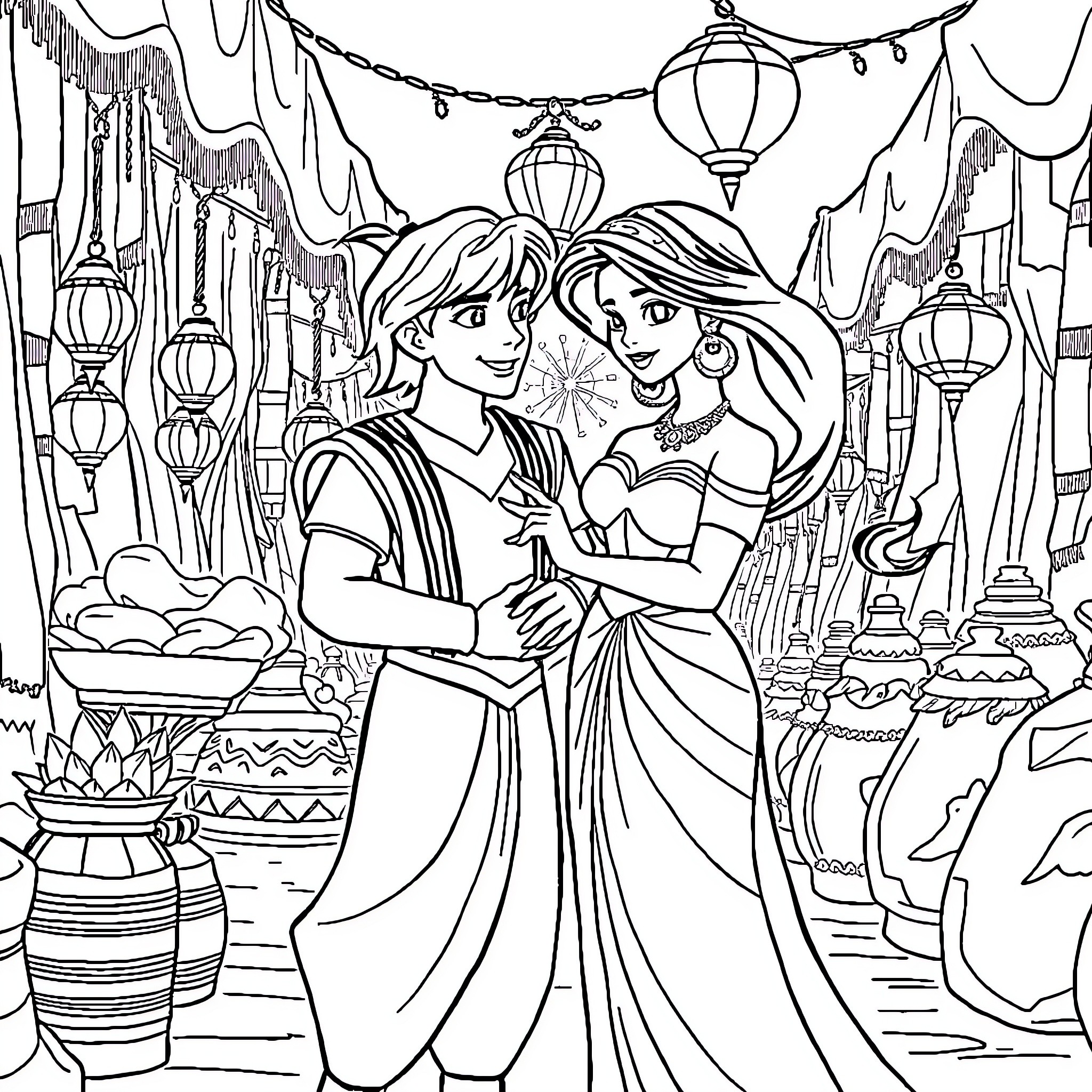 Aladdin and Jasmine in a romantic embrace at the marketplace Coloring Page (free black-and-white line drawing printable PDF for all, from beginners to advanced learners, including children, teens, adults, and seniors)