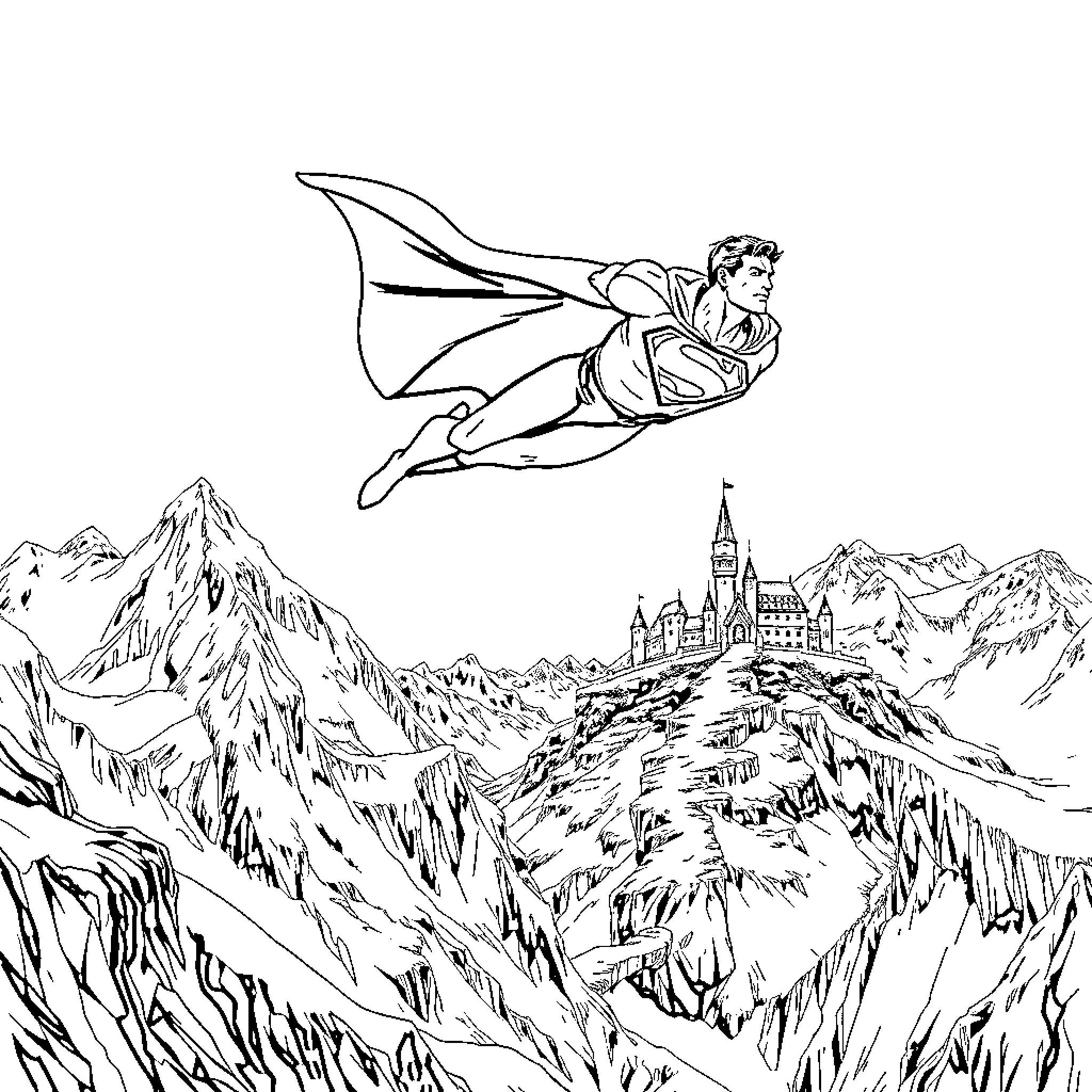 Superman soaring heroically over a majestic landscape Coloring Page (free black-and-white line drawing printable PDF for all, from beginners to advanced learners, including children, teens, adults, and seniors)