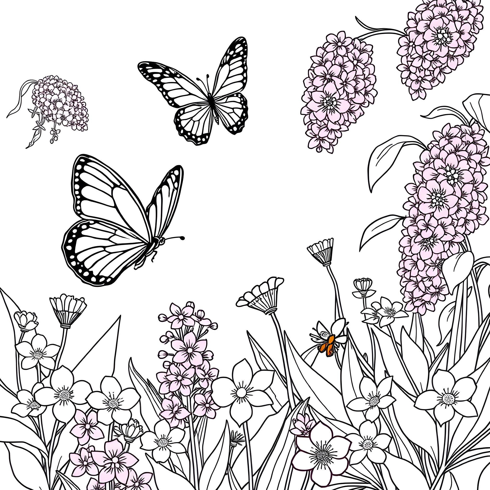 Butterfly meadow with blooming flowers Coloring Page (free black-and-white line drawing printable PDF for all, from beginners to advanced learners, including children, teens, adults, and seniors)