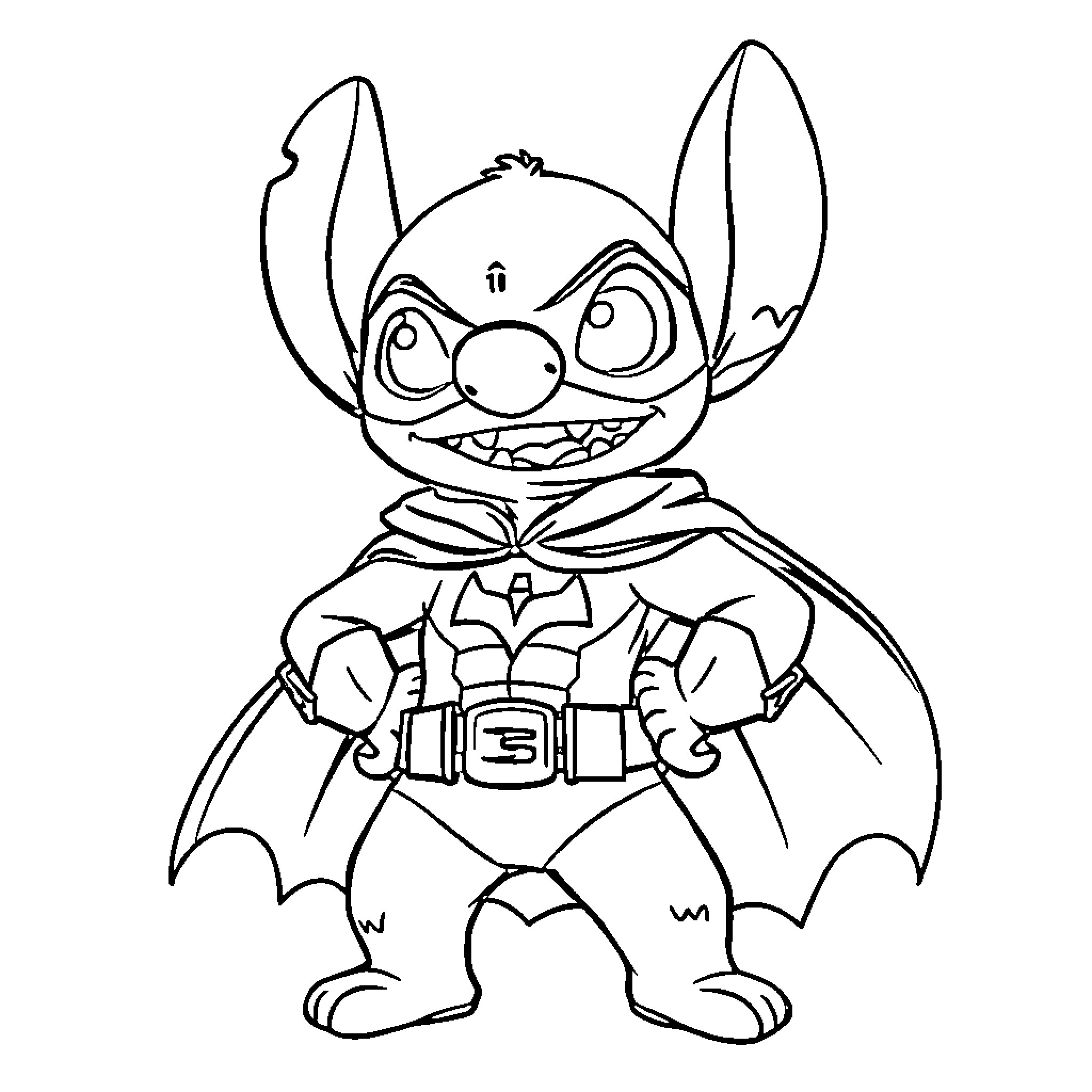 Stitch dressed as a superhero Coloring Page (free black-and-white line drawing printable PDF for all, from beginners to advanced learners, including children, teens, adults, and seniors)