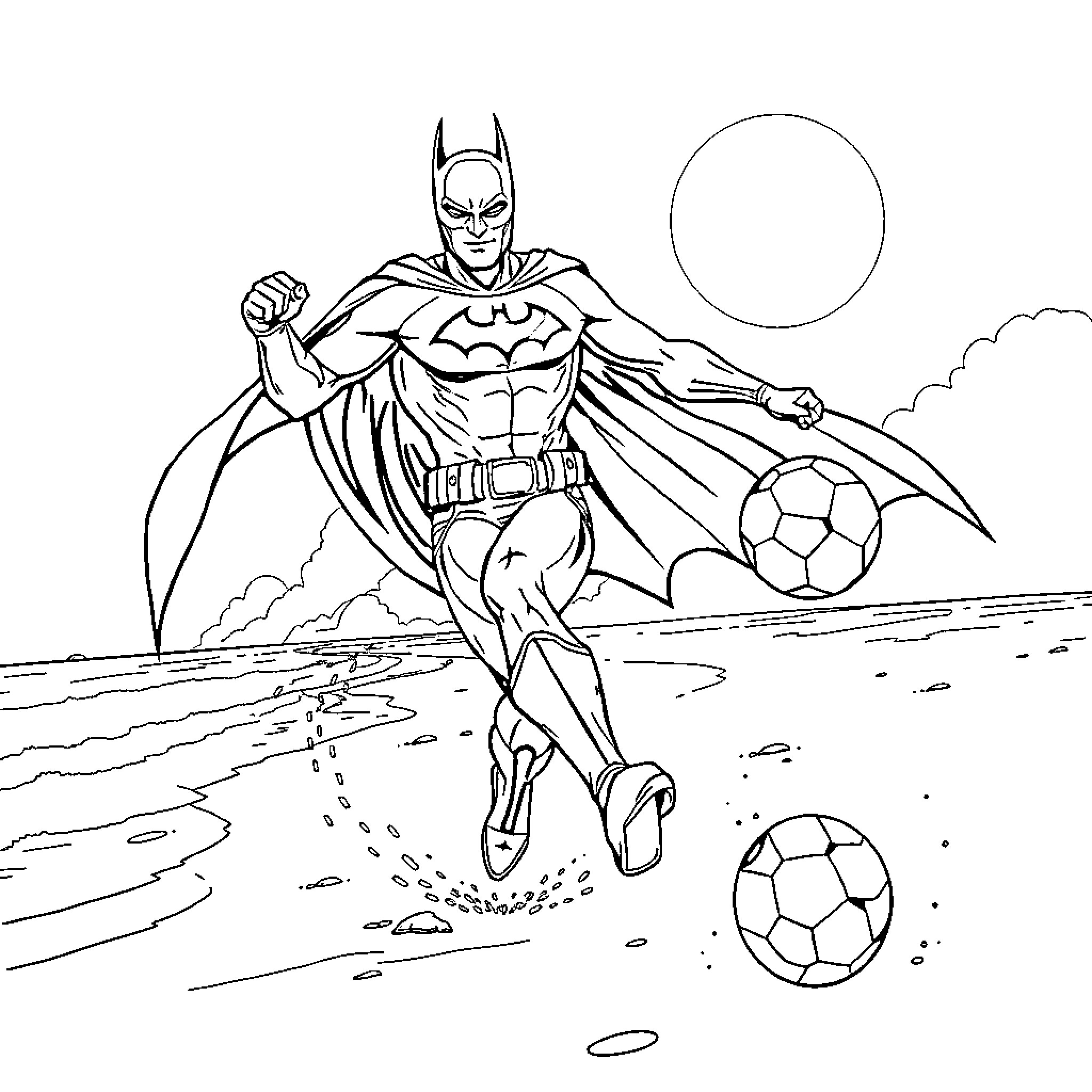 Batman playing with soccer balls on the beach Coloring Page (free black-and-white line drawing printable PDF for all, from beginners to advanced learners, including children, teens, adults, and seniors)