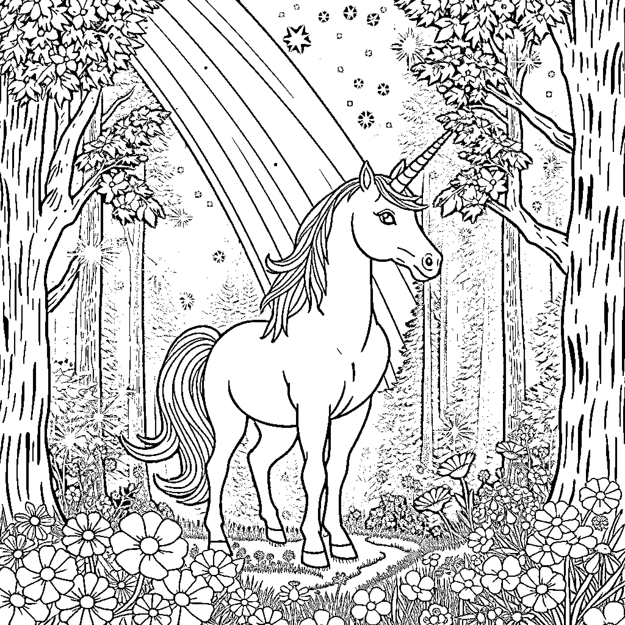 Unicorn in a Magical Forest Clearing Coloring Page (free black-and-white line drawing printable PDF for all, from beginners to advanced learners, including children, teens, adults, and seniors)