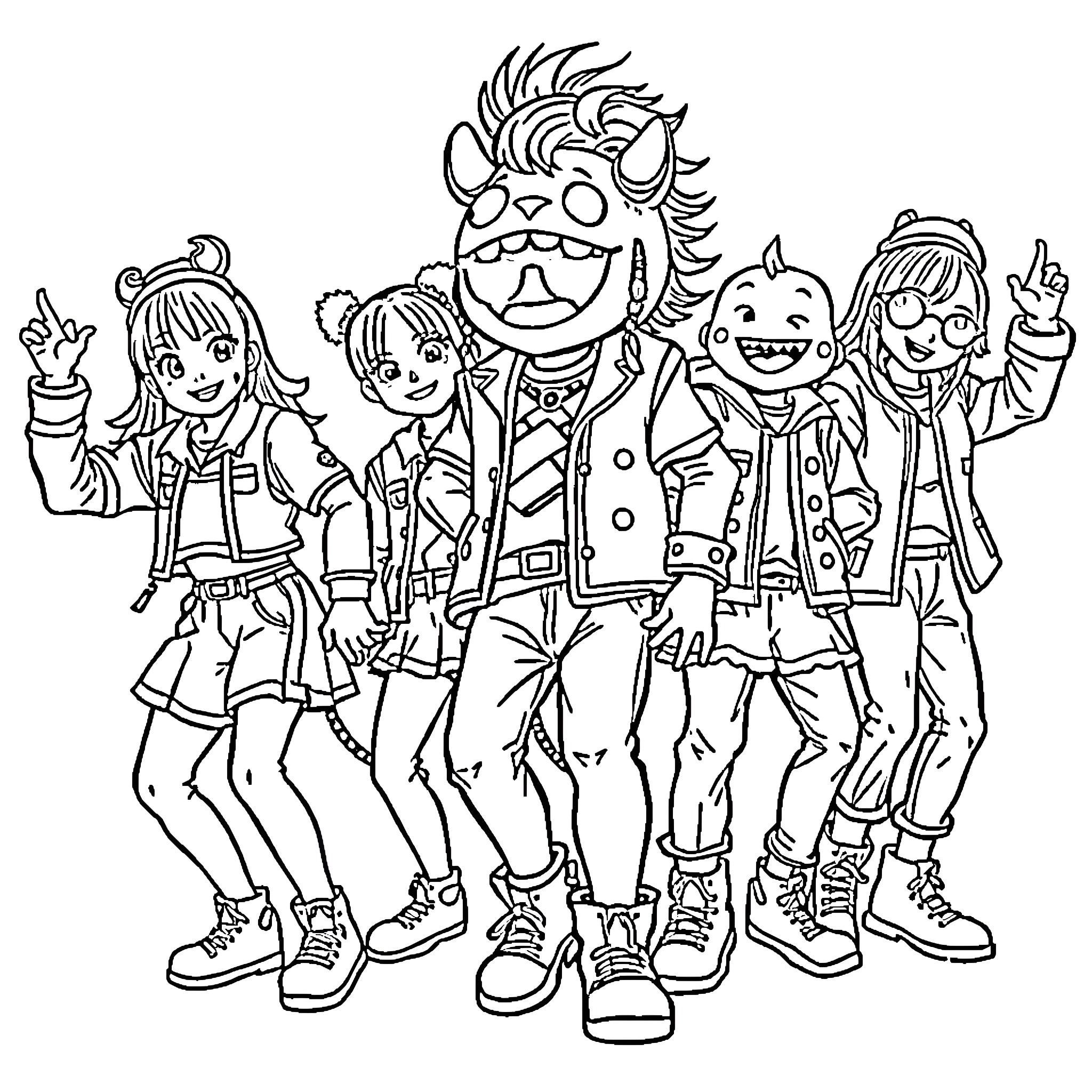 Babymonster and friends in zany outfits having fun Coloring Page (free black-and-white line drawing printable PDF for all, from beginners to advanced learners, including children, teens, adults, and seniors)