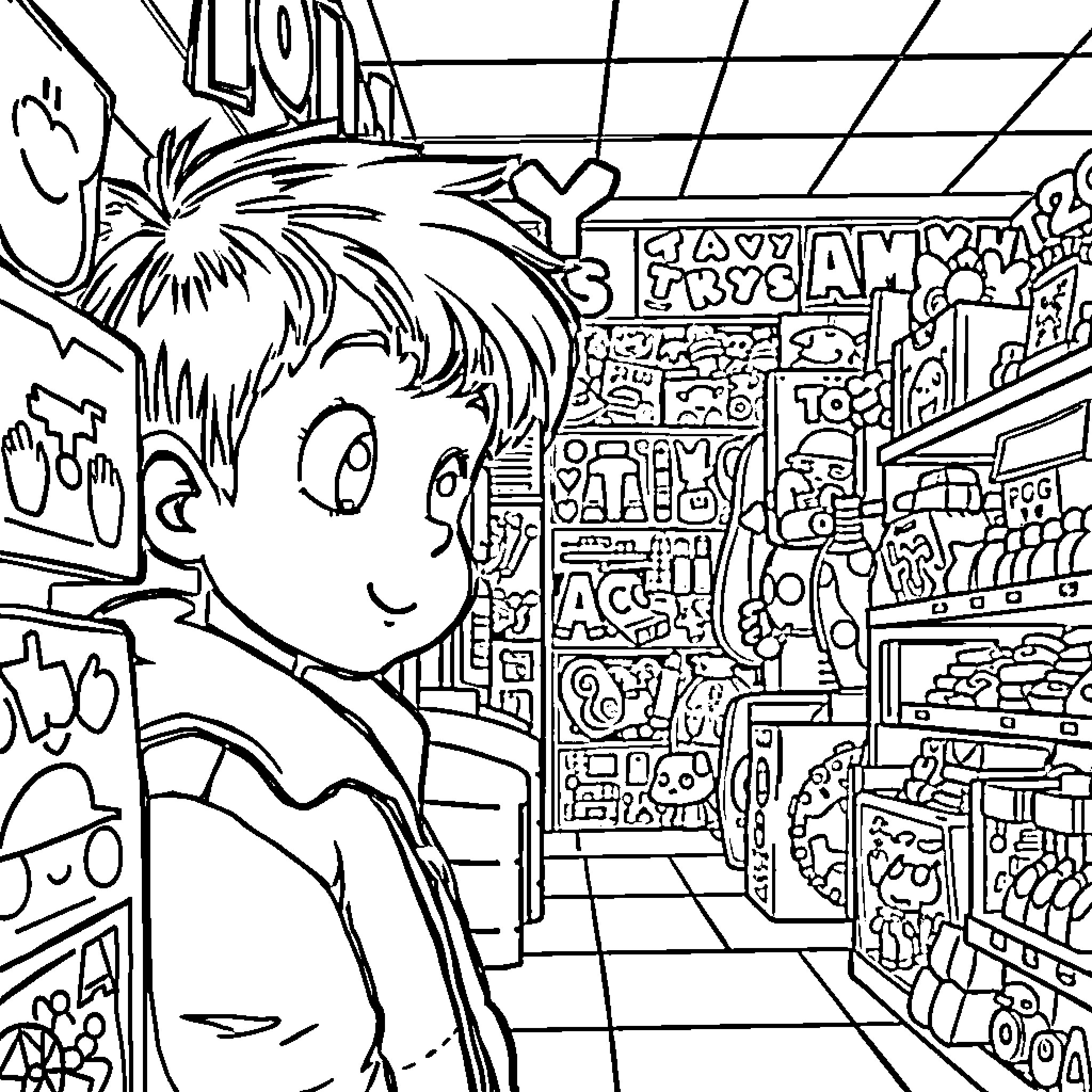 Boy exploring colorful and lively shop interior Coloring Page (free black-and-white line drawing printable PDF for all, from beginners to advanced learners, including children, teens, adults, and seniors)