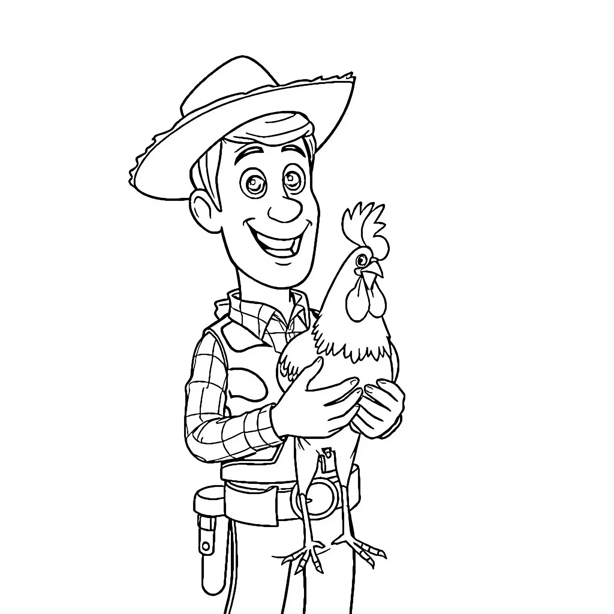 Woody the Friendly Cowboy and His Feathered Friend Coloring Page (free black-and-white line drawing printable PDF for all, from beginners to advanced learners, including children, teens, adults, and seniors)
