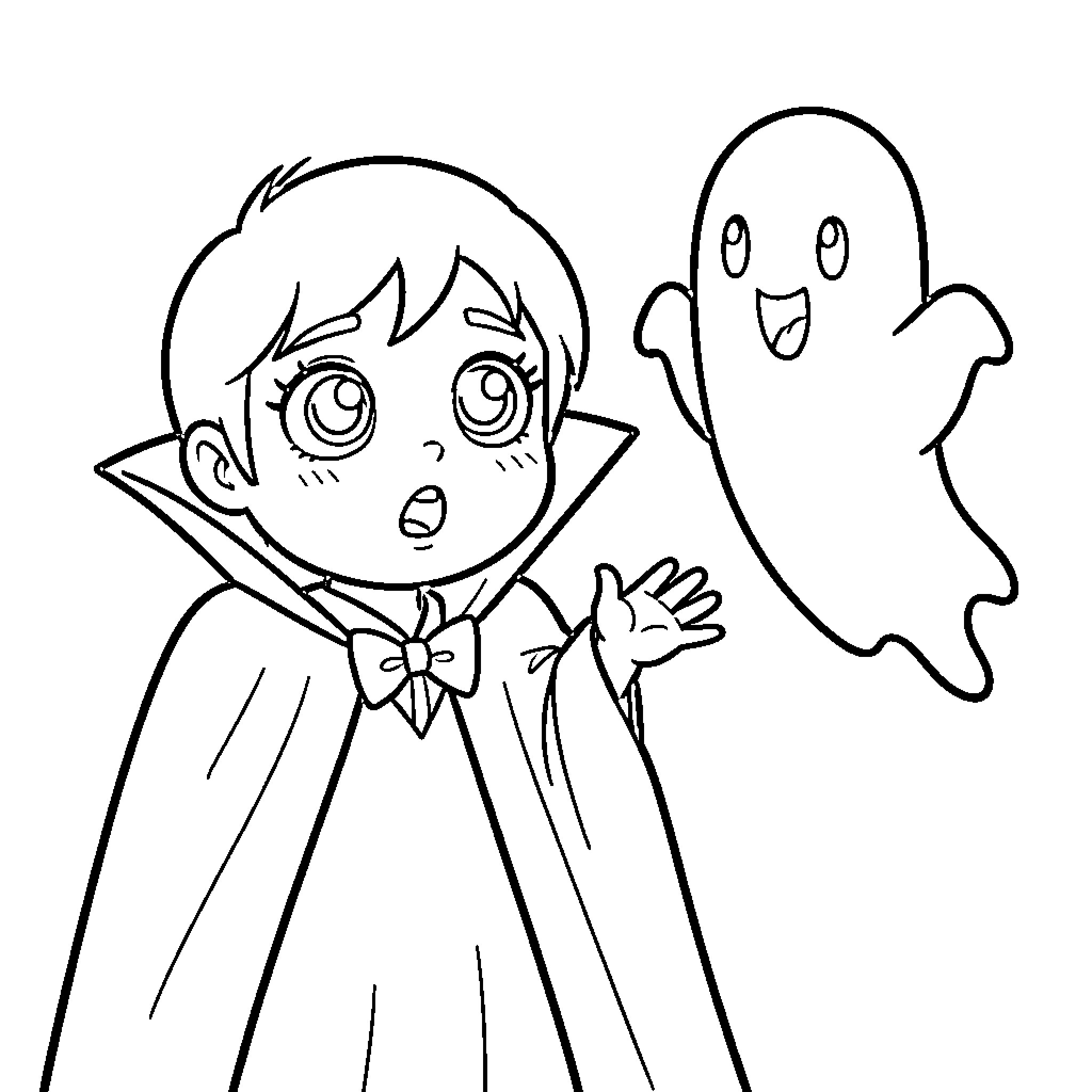 Vampire character looking surprised at a friendly ghost Coloring Page (free black-and-white line drawing printable PDF for all, from beginners to advanced learners, including children, teens, adults, and seniors)