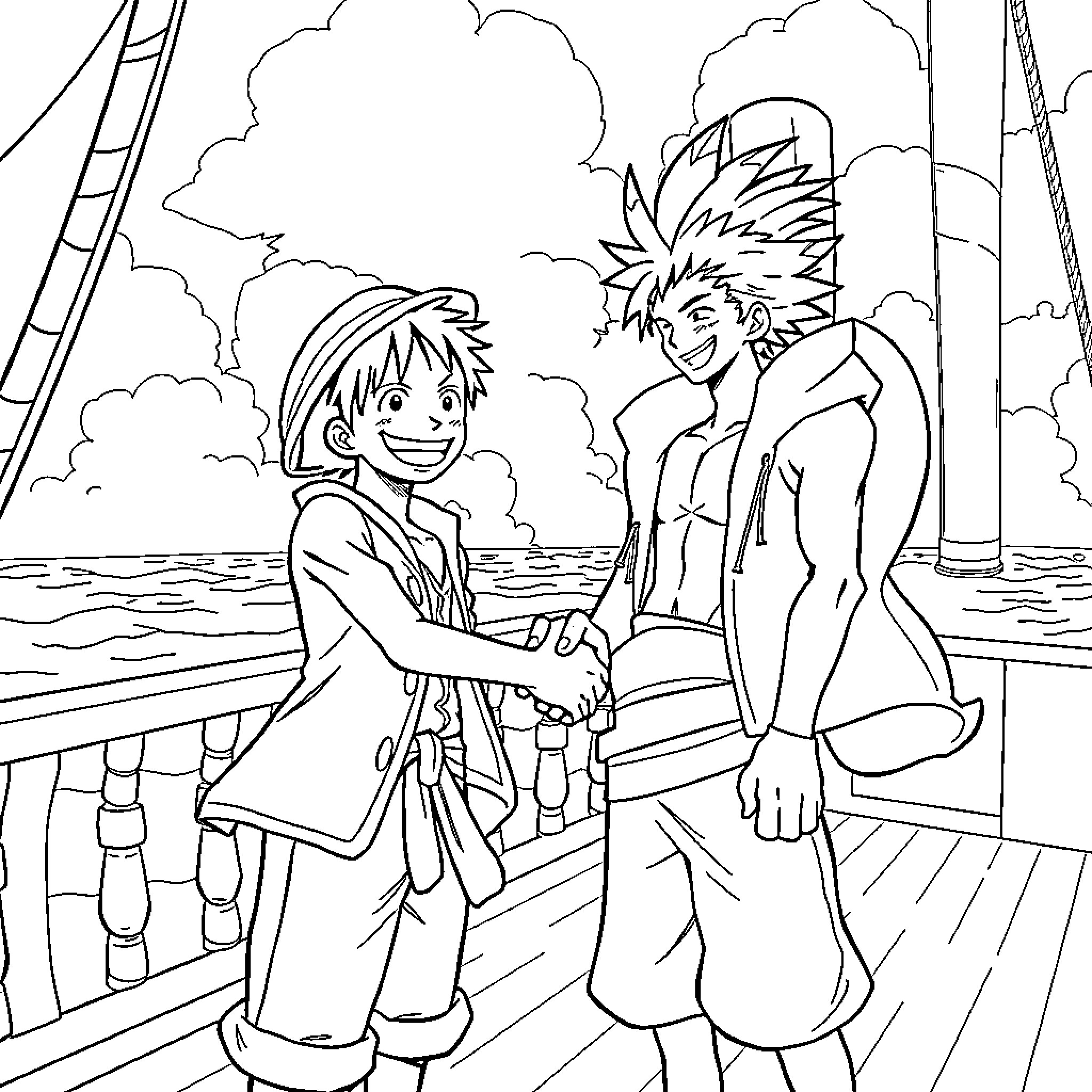One Piece: Friendship and Adventure on the High Seas Coloring Page (free black-and-white line drawing printable PDF for all, from beginners to advanced learners, including children, teens, adults, and seniors)