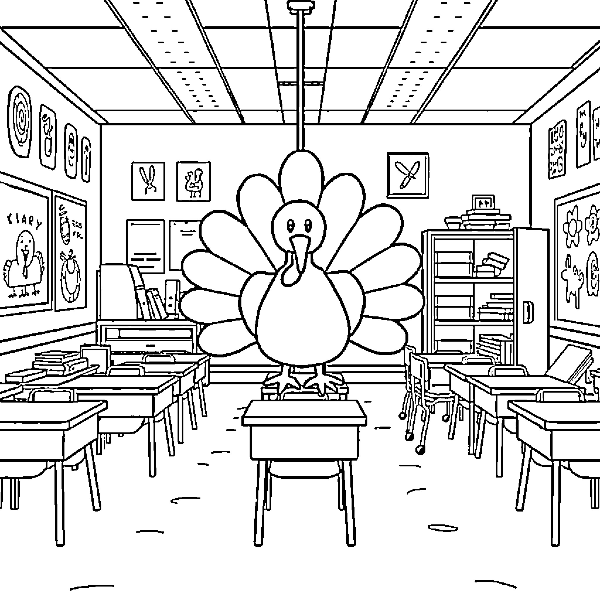 Turkey decorating classroom for Thanksgiving Coloring Page (free black-and-white line drawing printable PDF for all, from beginners to advanced learners, including children, teens, adults, and seniors)