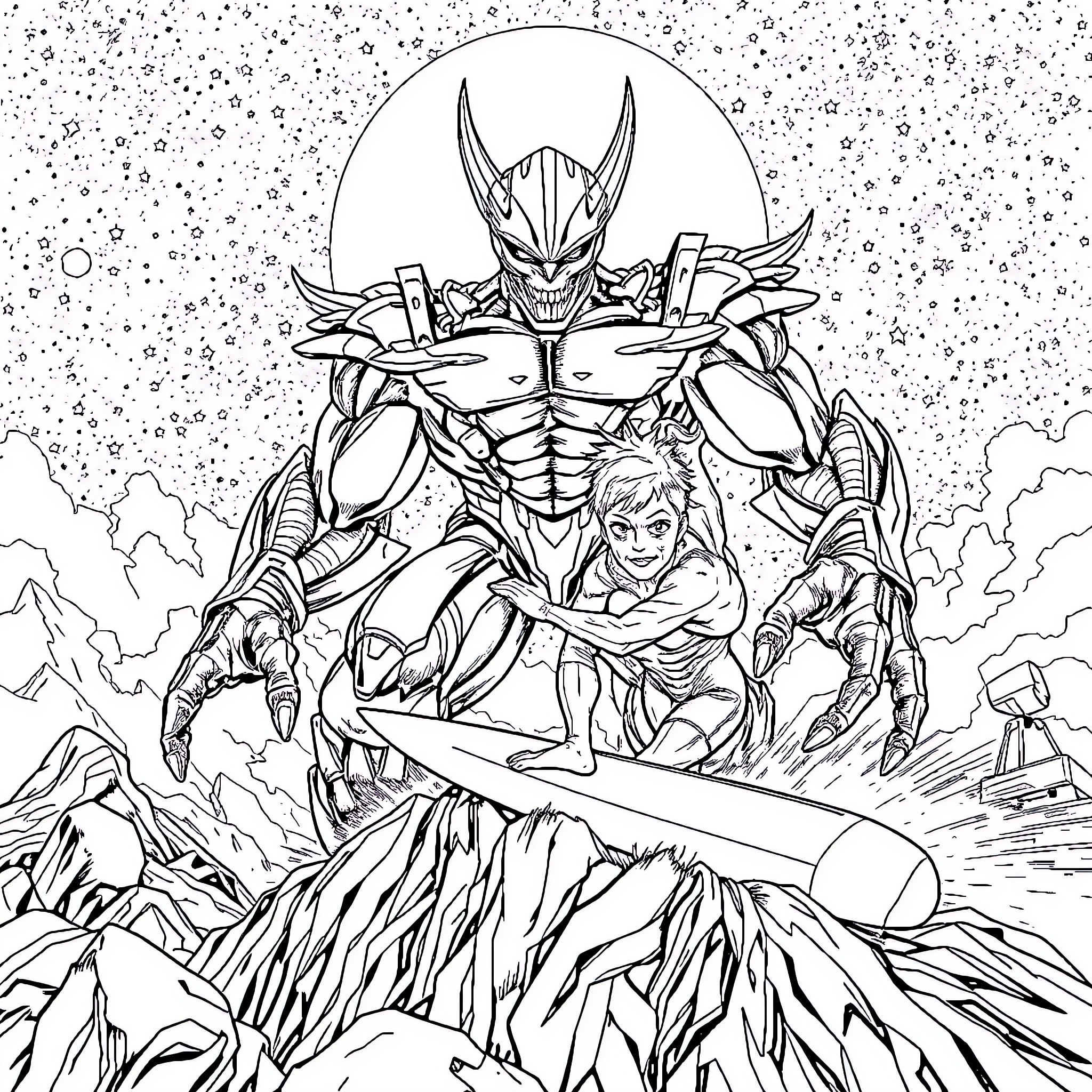 Silver Surfer battles cosmic forces in epic cosmic landscape Coloring Page (free black-and-white line drawing printable PDF for all, from beginners to advanced learners, including children, teens, adults, and seniors)