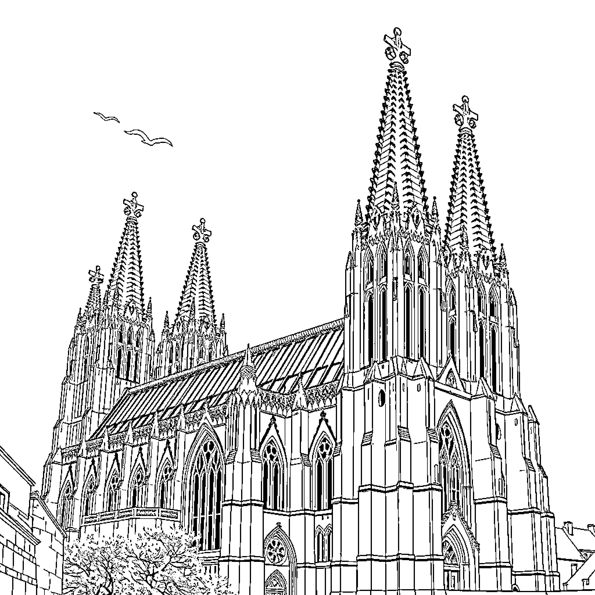 Cathedral of Elaborate Gothic Architecture Coloring Page (free black-and-white line drawing printable PDF for all, from beginners to advanced learners, including children, teens, adults, and seniors)