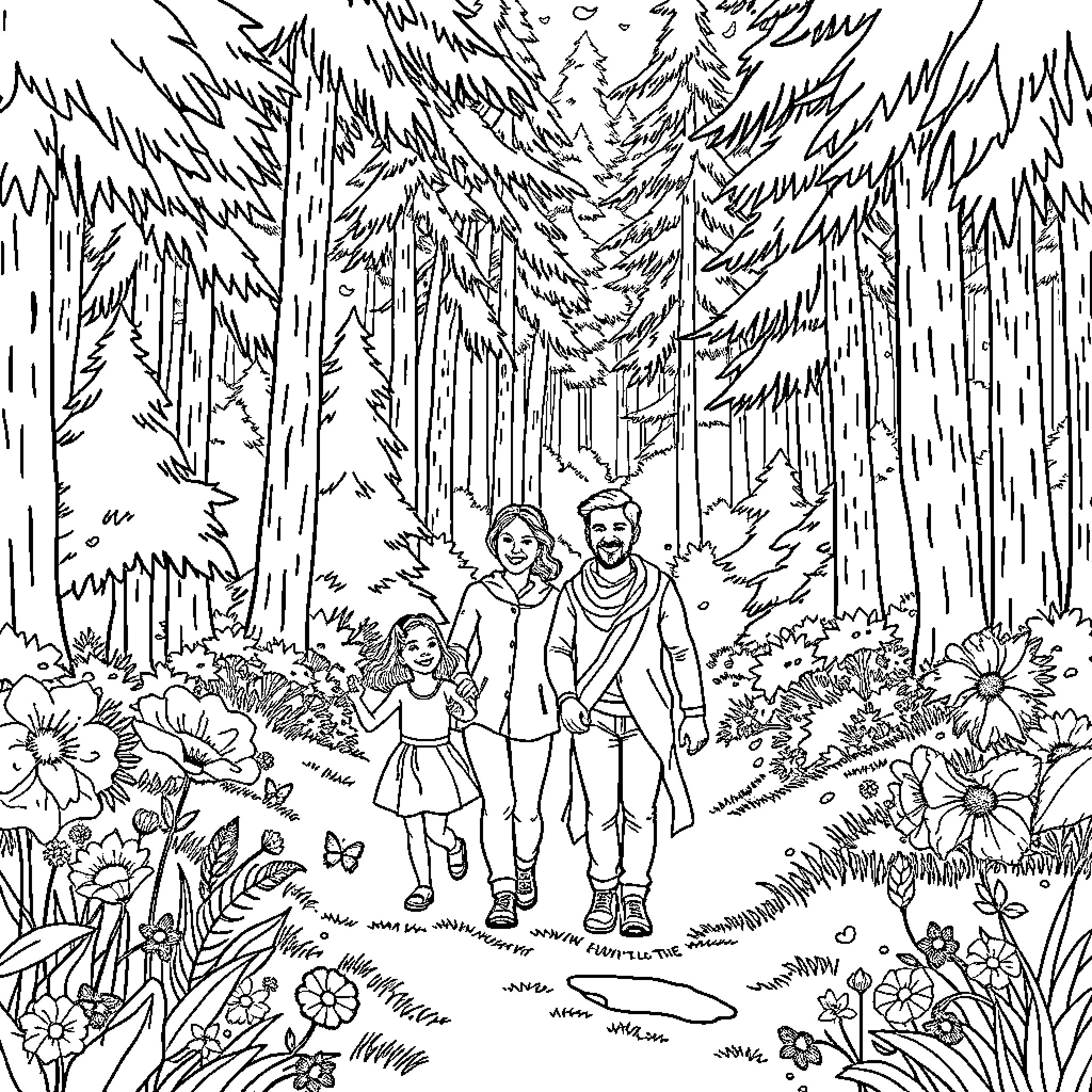 Family enjoying nature in a forest landscape Coloring Page (free black-and-white line drawing printable PDF for all, from beginners to advanced learners, including children, teens, adults, and seniors)