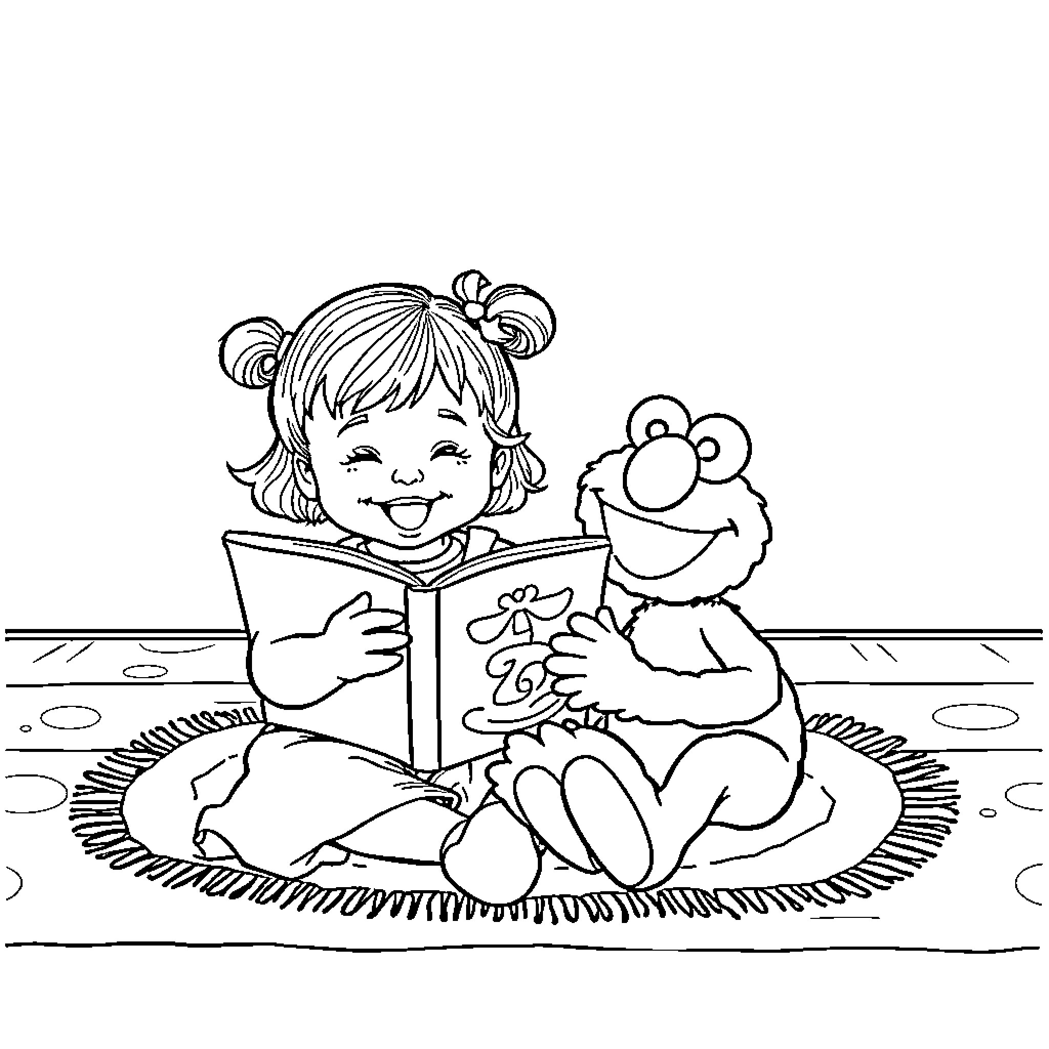 Girl reading a book with a stuffed toy Coloring Page (free black-and-white line drawing printable PDF for all, from beginners to advanced learners, including children, teens, adults, and seniors)