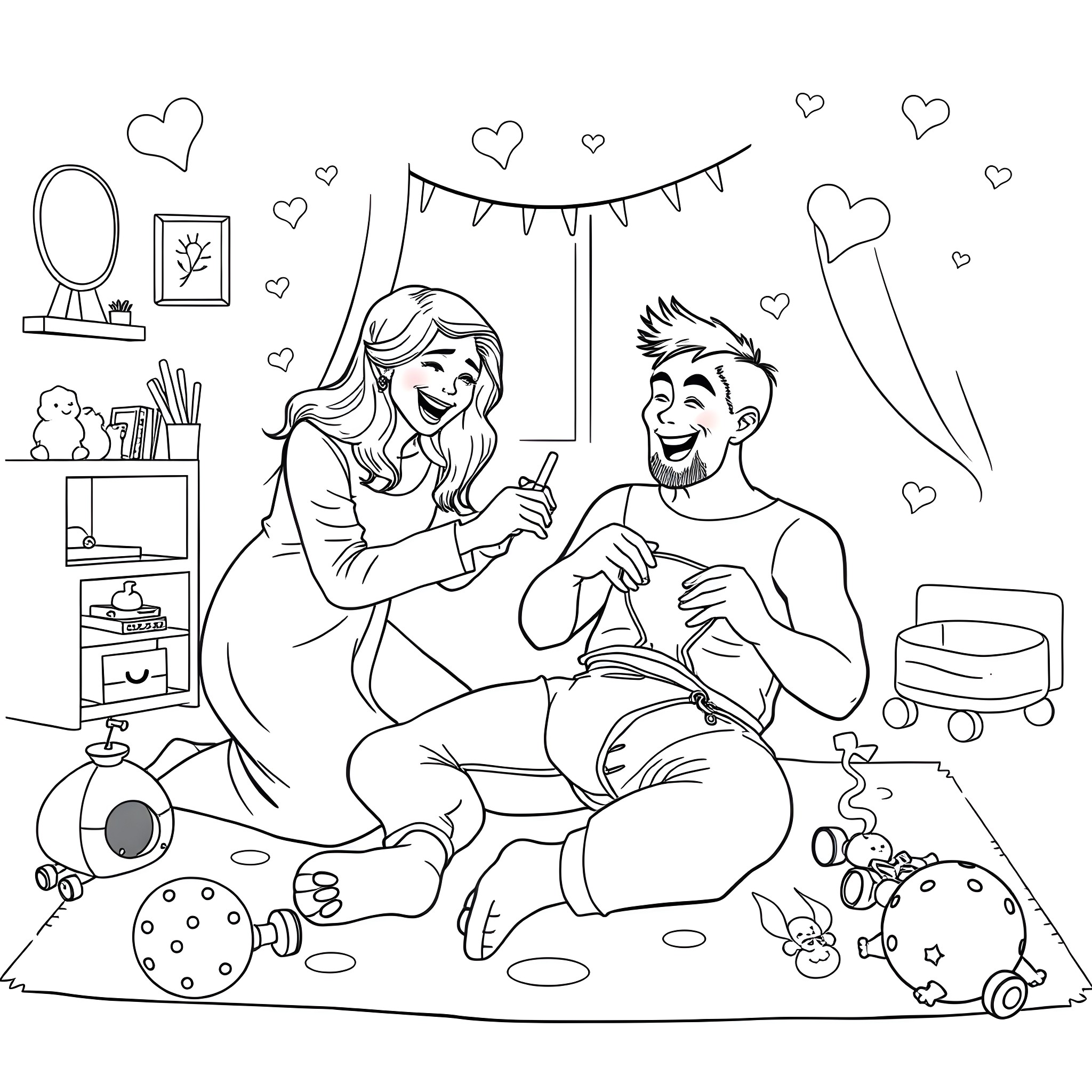 Husband and wife having a playful moment at home Coloring Page (free black-and-white line drawing printable PDF for all, from beginners to advanced learners, including children, teens, adults, and seniors)