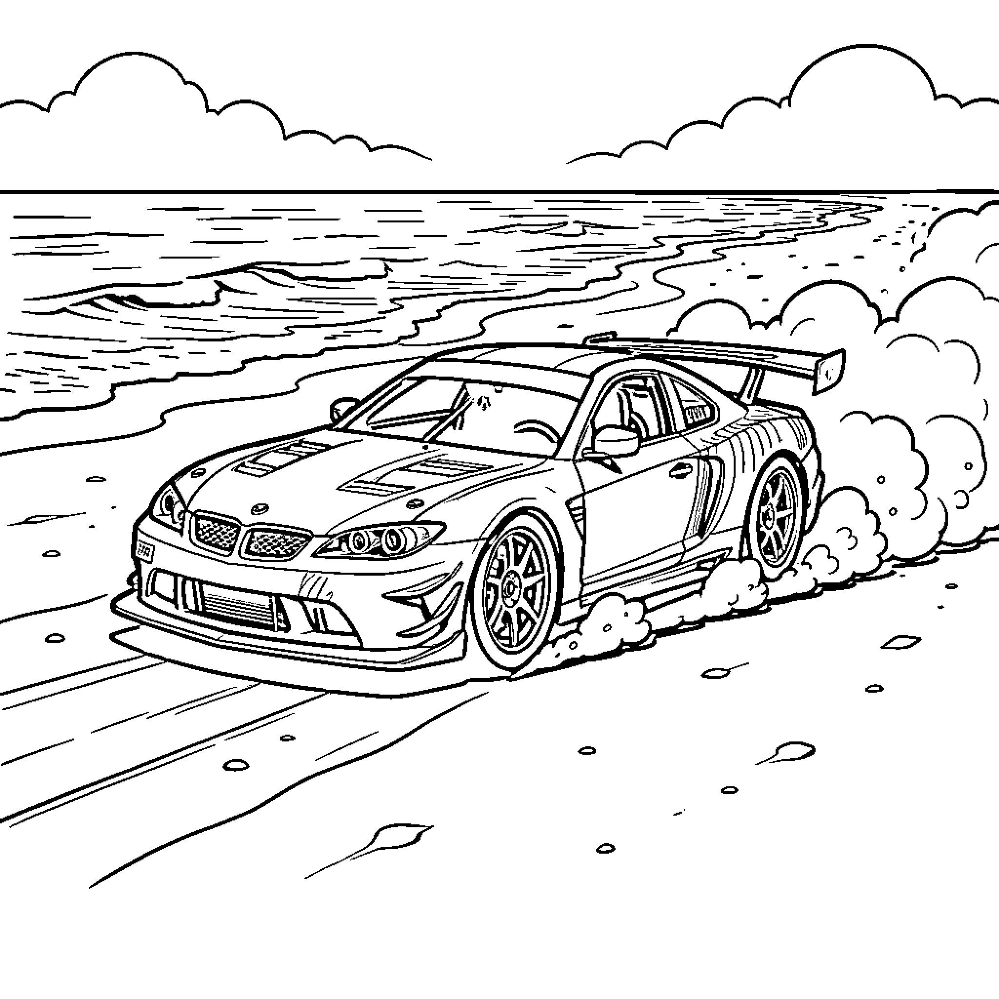Race Car speeding along a sandy beach shoreline Coloring Page (free black-and-white line drawing printable PDF for all, from beginners to advanced learners, including children, teens, adults, and seniors)